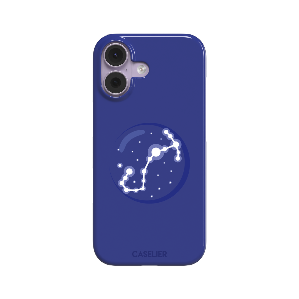 Starsigns phone case showing the Taurus constellation as a glowing white diagonal star map inside a blue orb on a cobalt blue case, phone case by Caselier — snap case, front view