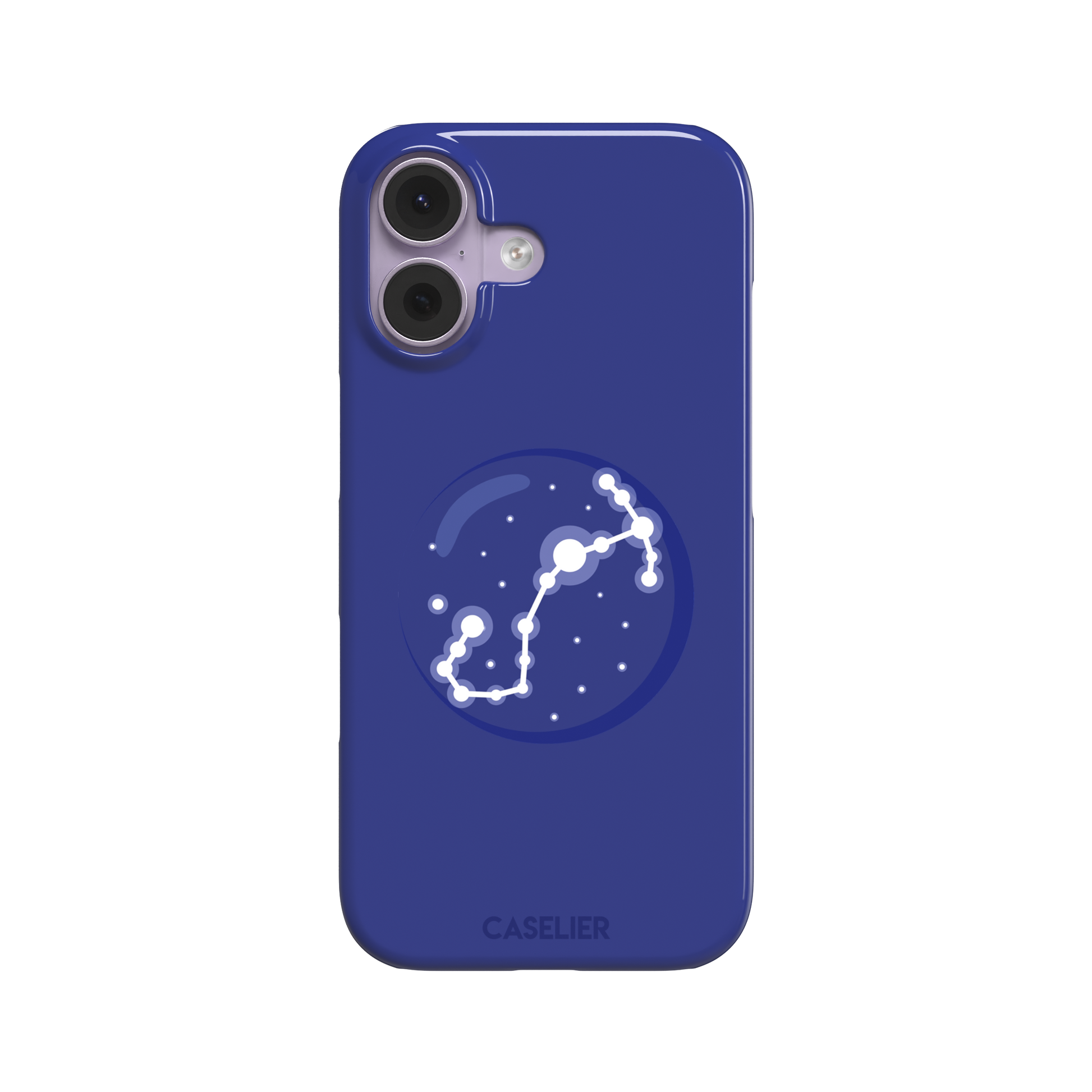 Starsigns phone case showing the Taurus constellation as a glowing white diagonal star map inside a blue orb on a cobalt blue case, phone case by Caselier — snap case, front view