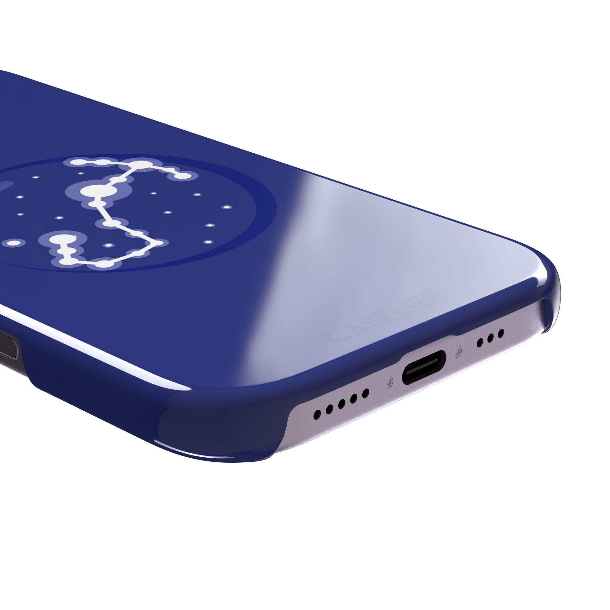 Starsigns phone case showing the Taurus constellation as a glowing white diagonal star map inside a blue orb on a cobalt blue case, phone case by Caselier — snap case, charging port detail
