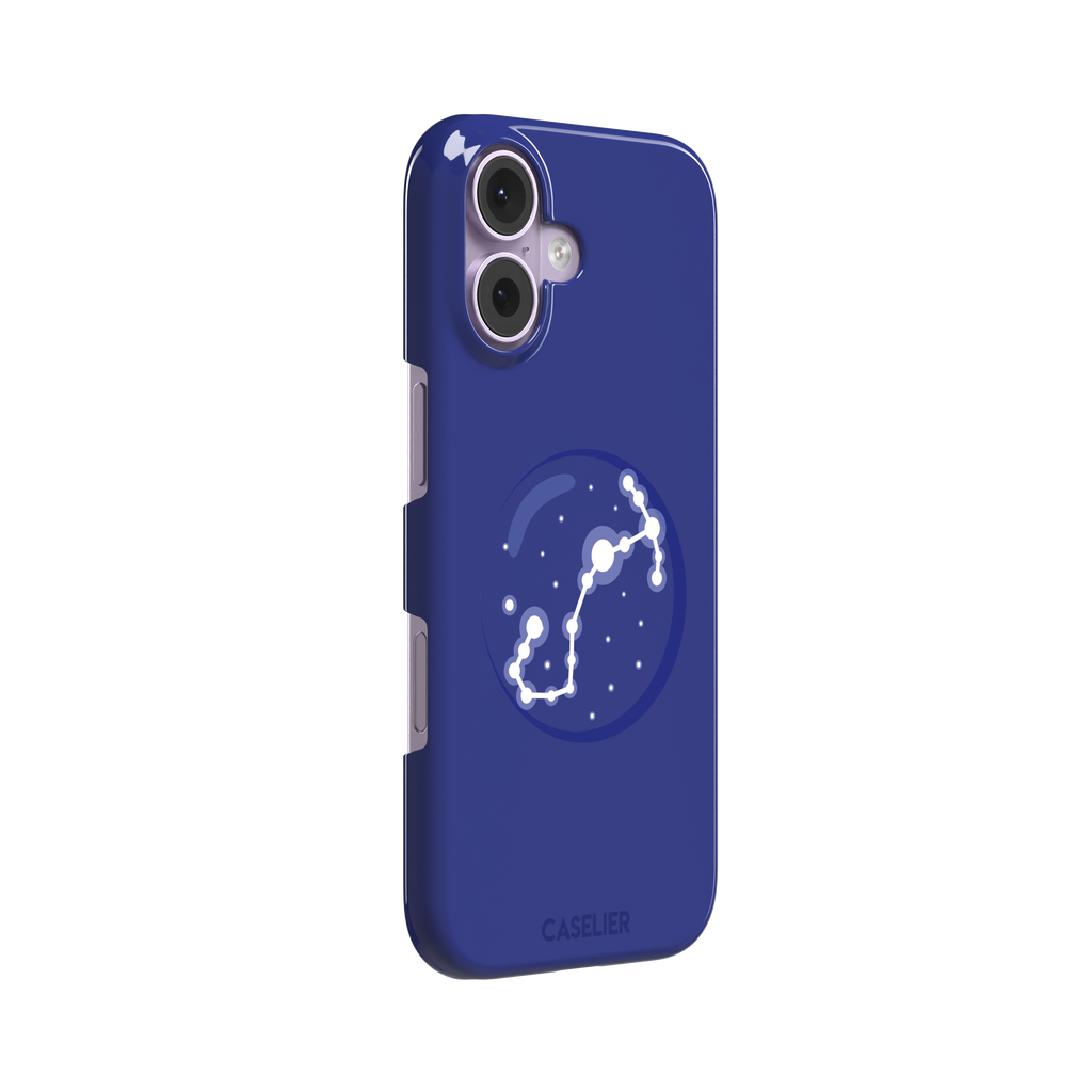 Starsigns phone case showing the Taurus constellation as a glowing white diagonal star map inside a blue orb on a cobalt blue case, phone case by Caselier — snap case, left view