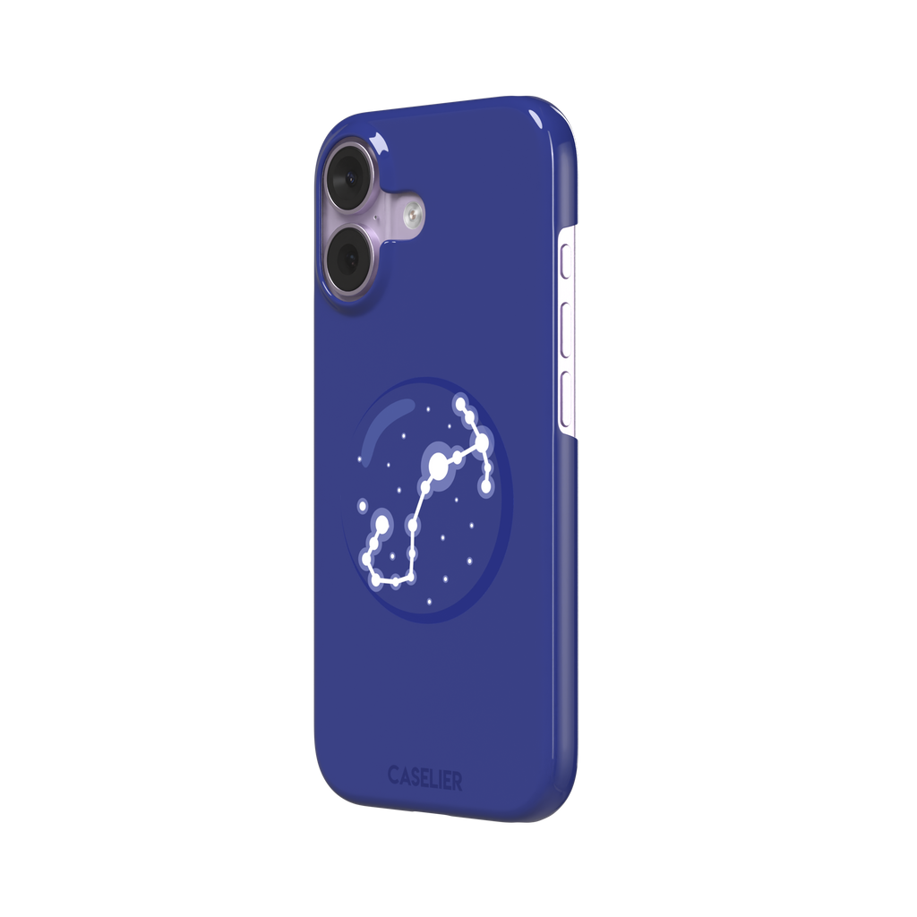 Starsigns phone case showing the Taurus constellation as a glowing white diagonal star map inside a blue orb on a cobalt blue case, phone case by Caselier — snap case, right view