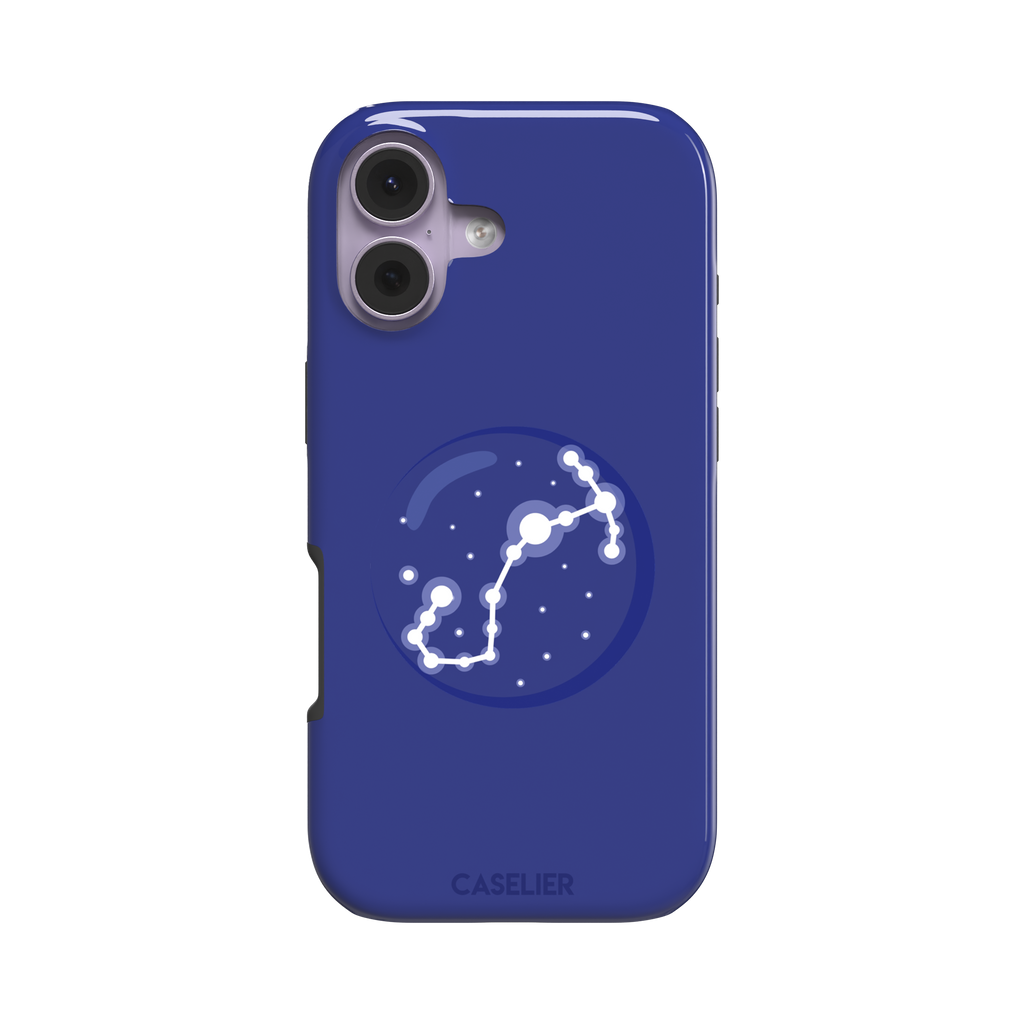 Starsigns phone case showing the Taurus constellation as a glowing white diagonal star map inside a blue orb on a cobalt blue case, phone case by Caselier — tough case, front view