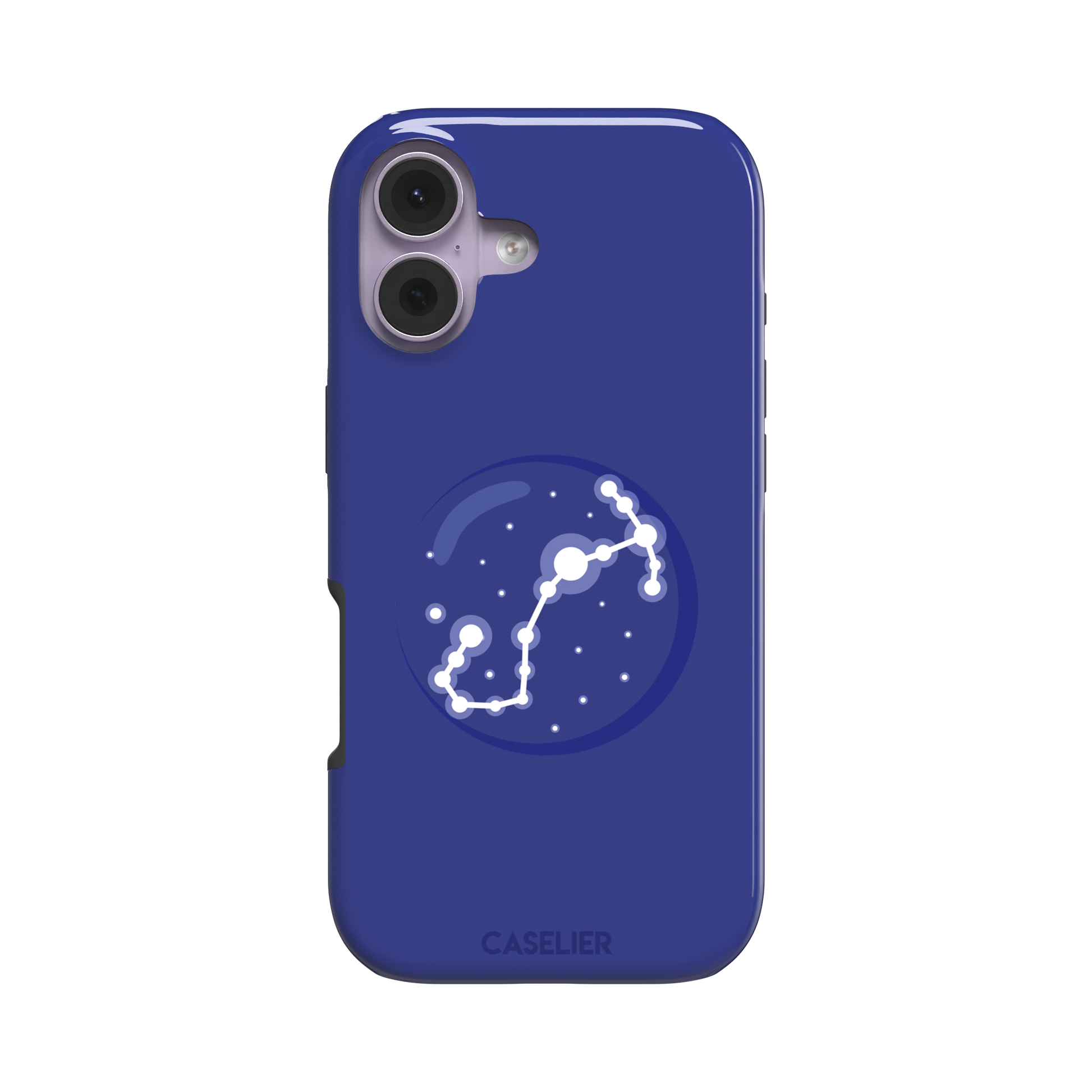 Starsigns phone case showing the Taurus constellation as a glowing white diagonal star map inside a blue orb on a cobalt blue case, phone case by Caselier — tough case, front view