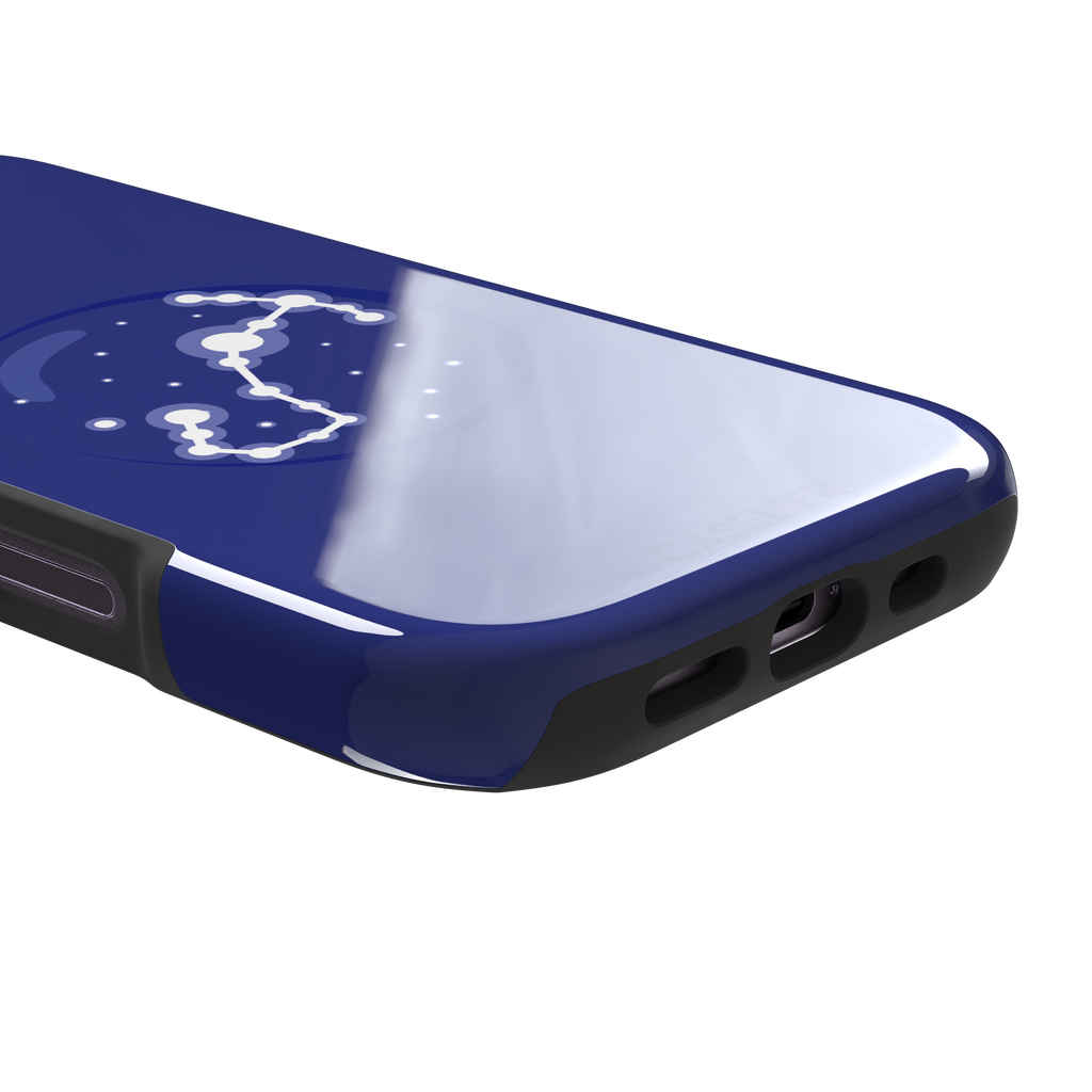 Starsigns phone case showing the Taurus constellation as a glowing white diagonal star map inside a blue orb on a cobalt blue case, phone case by Caselier — tough case, charging port detail
