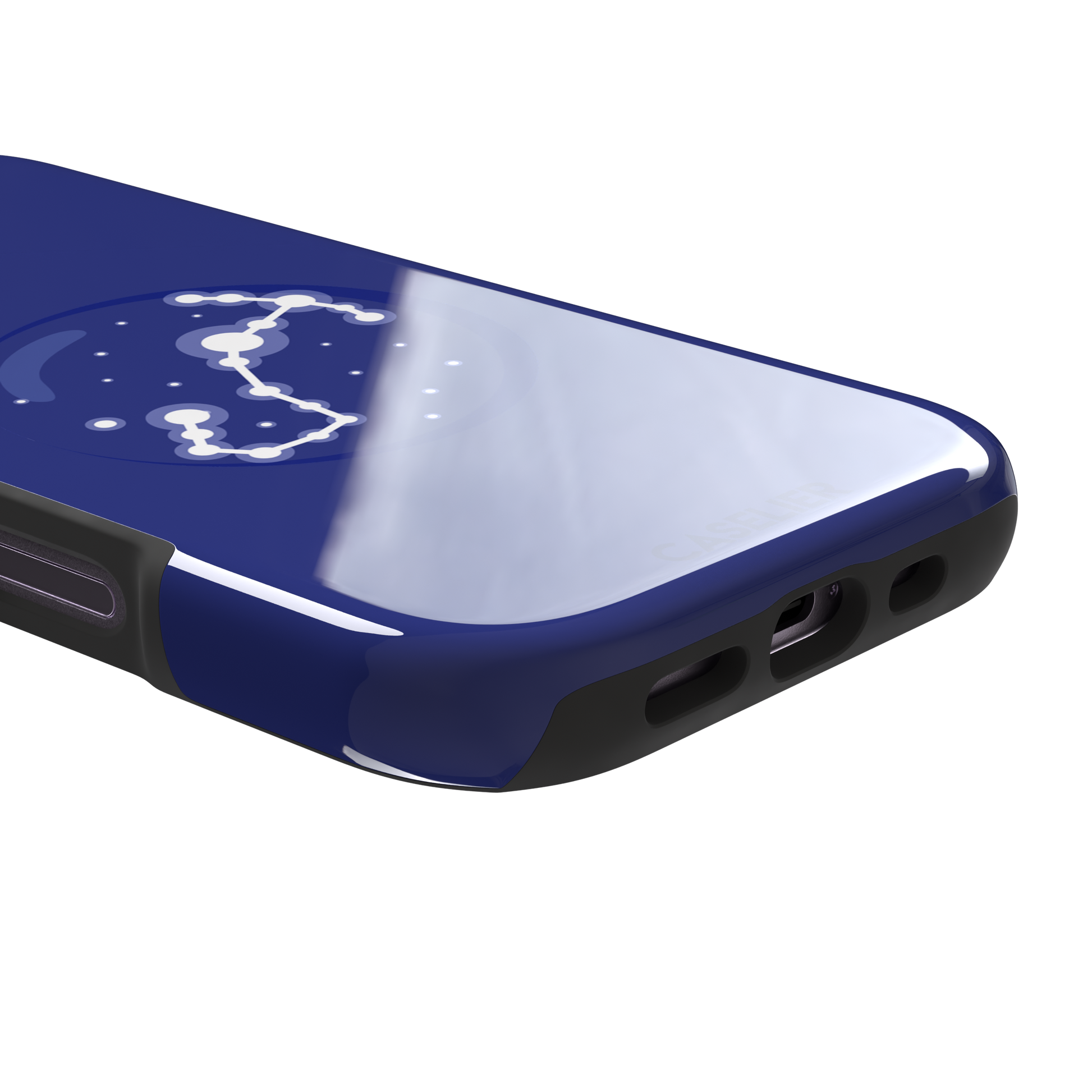 Starsigns phone case showing the Taurus constellation as a glowing white diagonal star map inside a blue orb on a cobalt blue case, phone case by Caselier — tough case, charging port detail