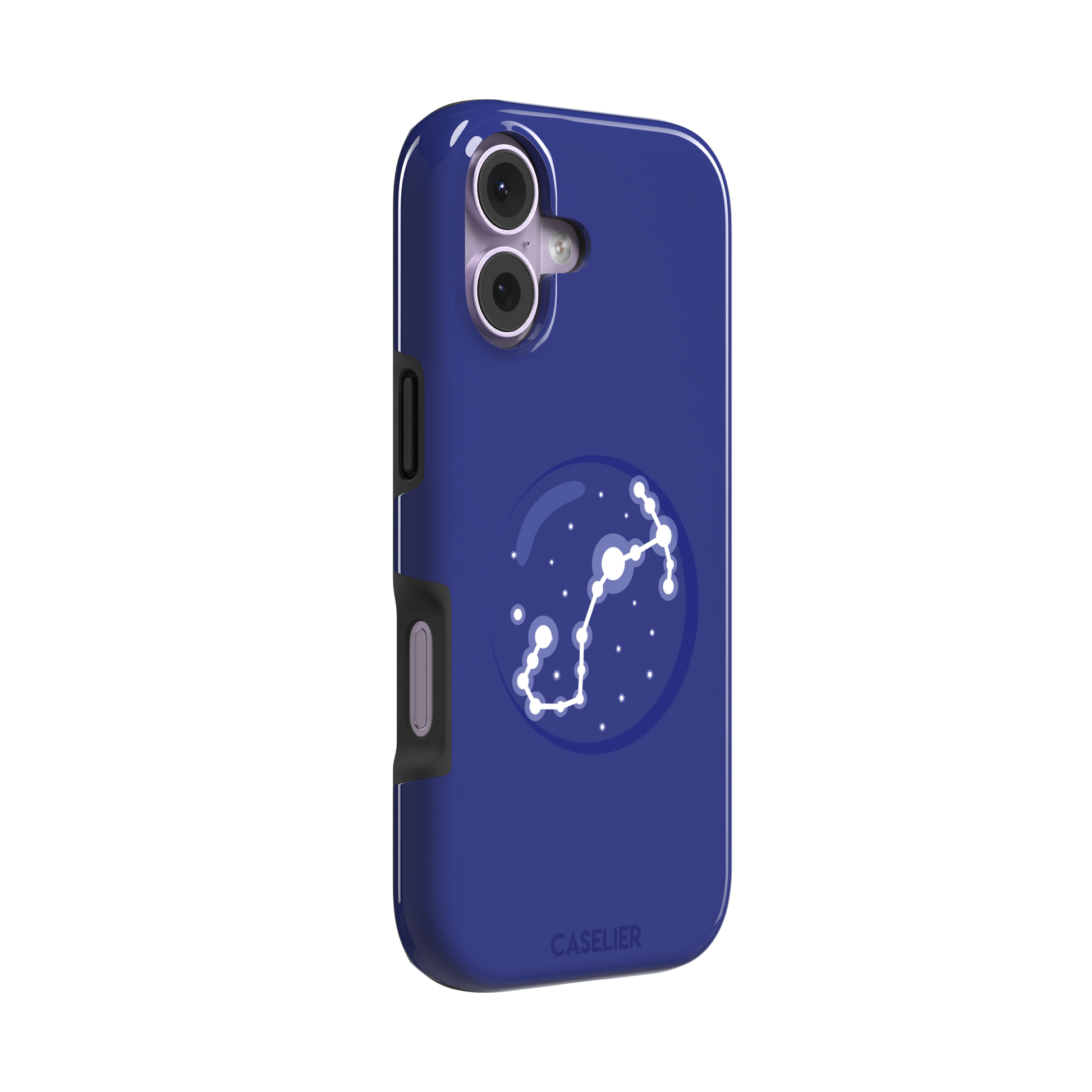 Starsigns phone case showing the Taurus constellation as a glowing white diagonal star map inside a blue orb on a cobalt blue case, phone case by Caselier — tough case, left view
