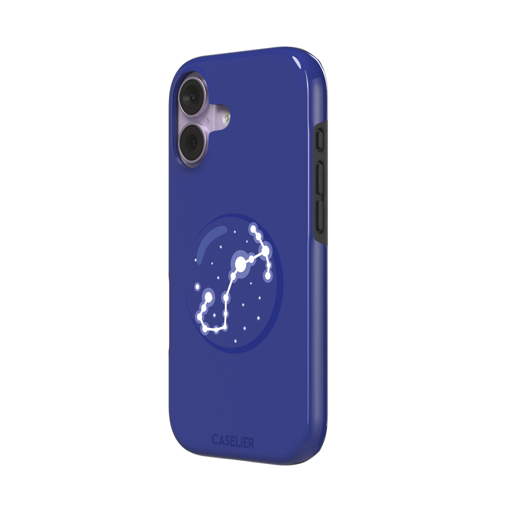 Starsigns phone case showing the Taurus constellation as a glowing white diagonal star map inside a blue orb on a cobalt blue case, phone case by Caselier — tough case, right view