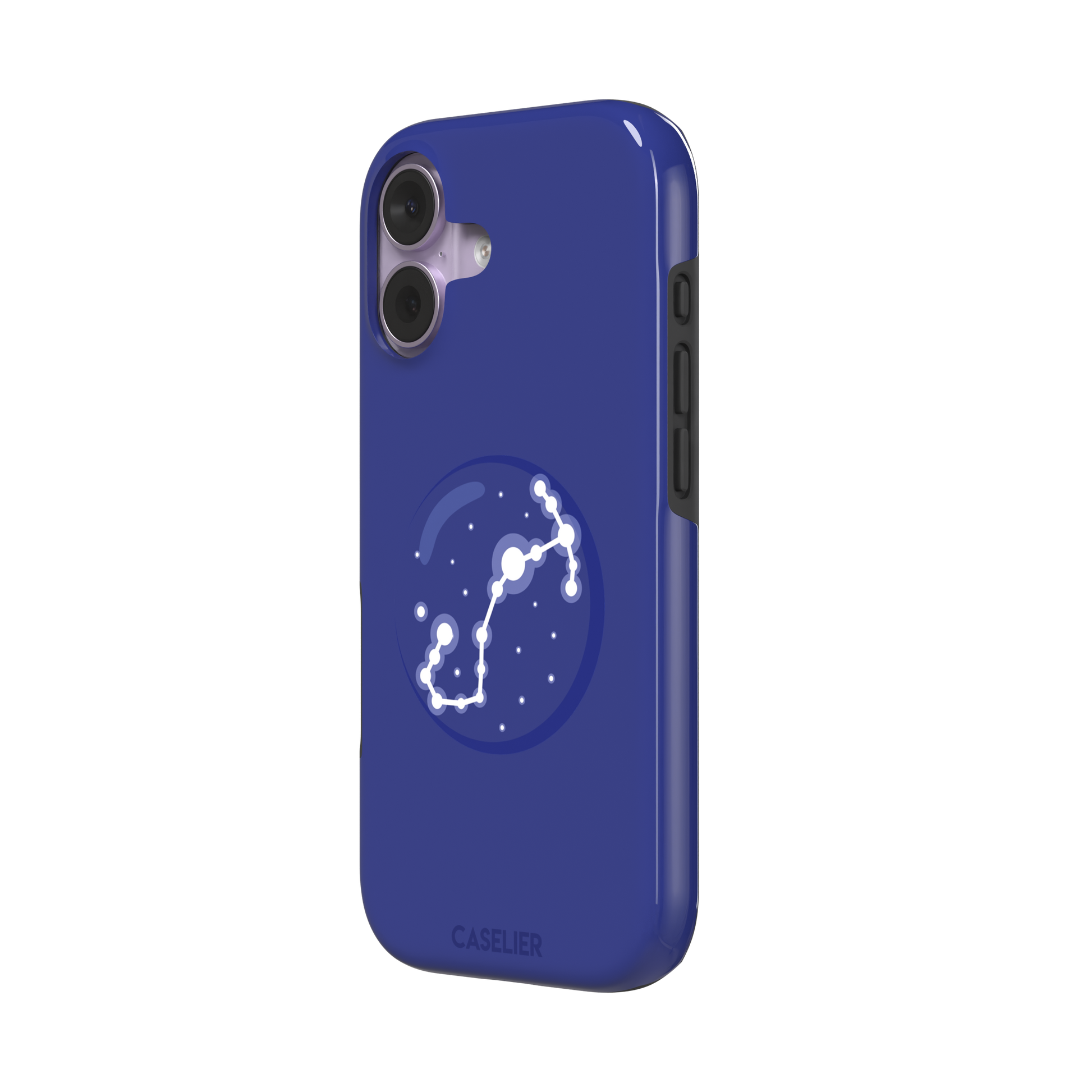 Starsigns phone case showing the Taurus constellation as a glowing white diagonal star map inside a blue orb on a cobalt blue case, phone case by Caselier — tough case, right view