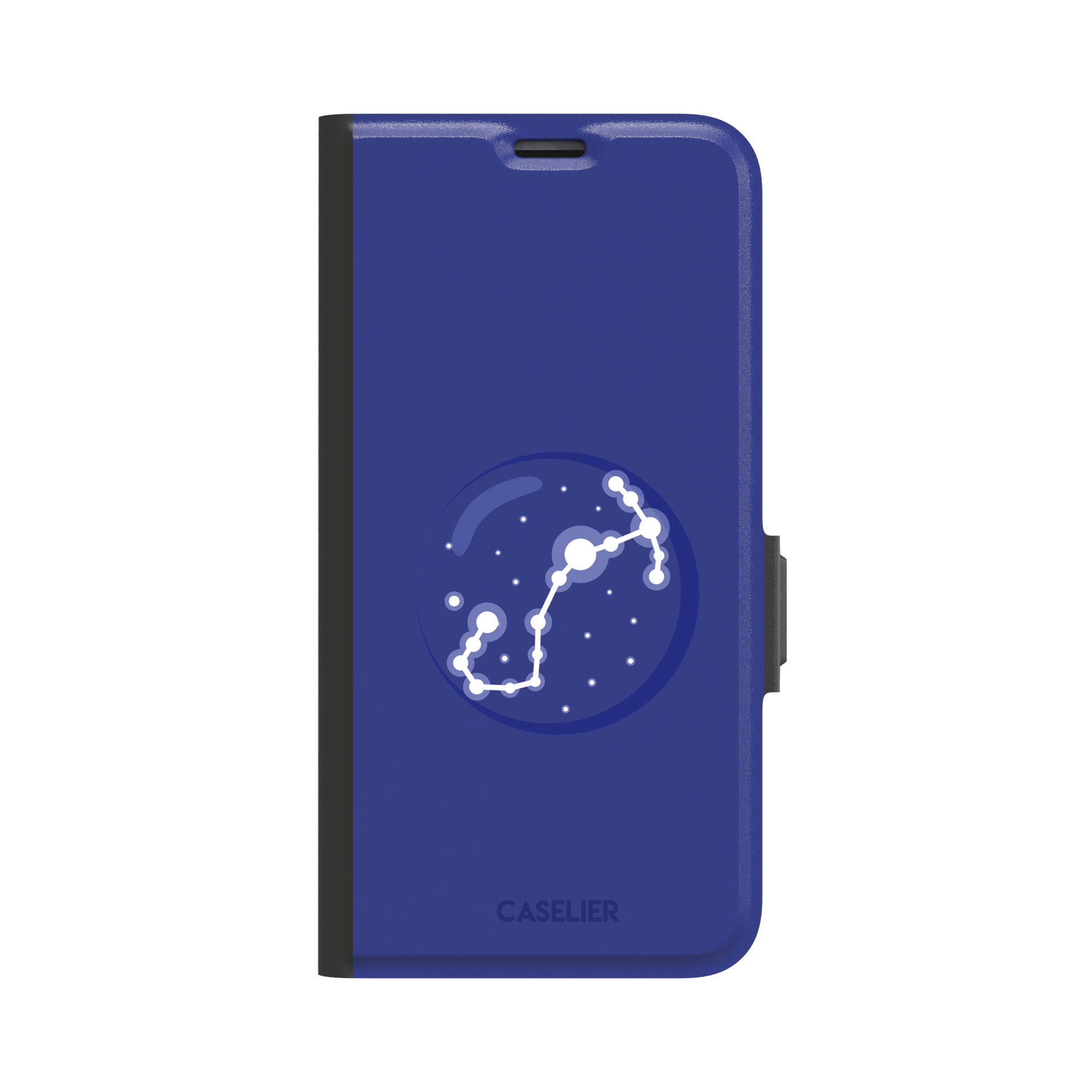 Starsigns phone case showing the Taurus constellation as a glowing white diagonal star map inside a blue orb on a cobalt blue case, phone case by Caselier — wallet case, front view