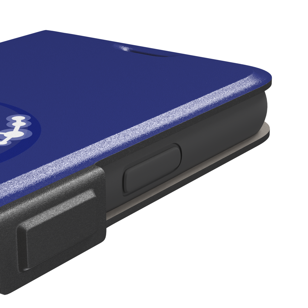 Starsigns phone case showing the Taurus constellation as a glowing white diagonal star map inside a blue orb on a cobalt blue case, phone case by Caselier — wallet case, volume buttons detail