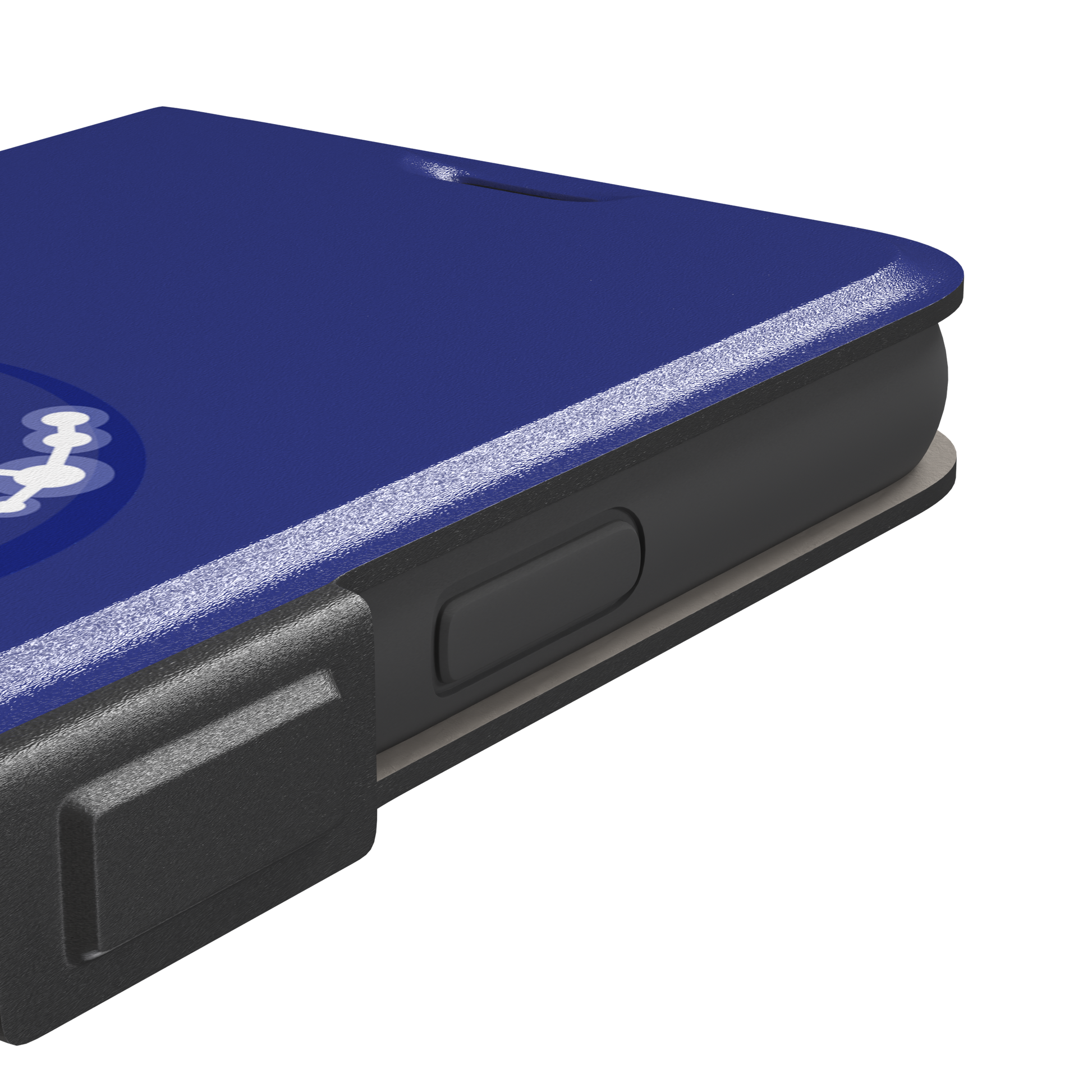 Starsigns phone case showing the Taurus constellation as a glowing white diagonal star map inside a blue orb on a cobalt blue case, phone case by Caselier — wallet case, volume buttons detail