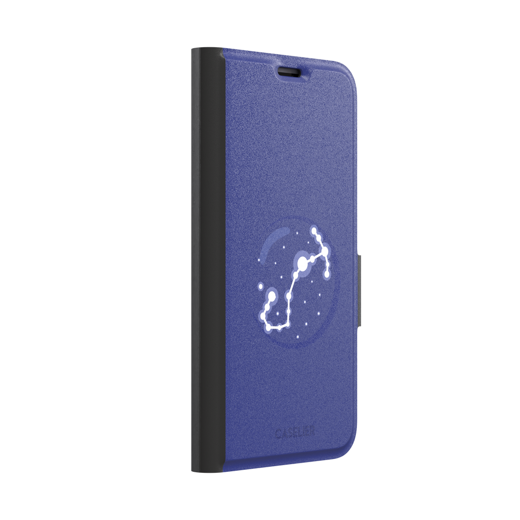 Starsigns phone case showing the Taurus constellation as a glowing white diagonal star map inside a blue orb on a cobalt blue case, phone case by Caselier — wallet case, left view