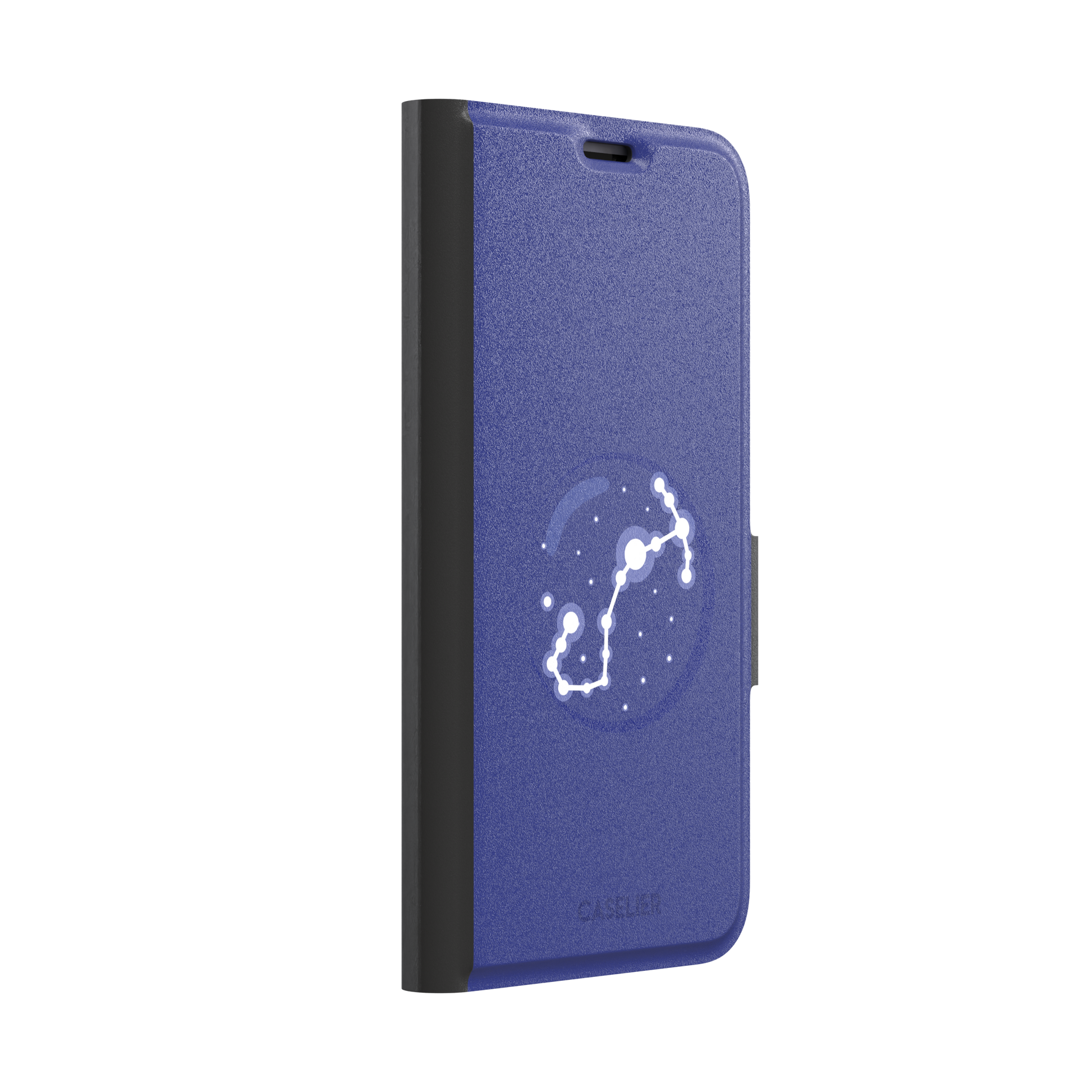 Starsigns phone case showing the Taurus constellation as a glowing white diagonal star map inside a blue orb on a cobalt blue case, phone case by Caselier — wallet case, left view