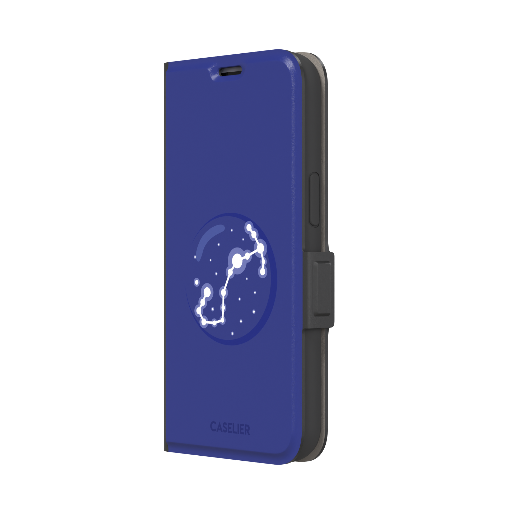 Starsigns phone case showing the Taurus constellation as a glowing white diagonal star map inside a blue orb on a cobalt blue case, phone case by Caselier — wallet case, right view