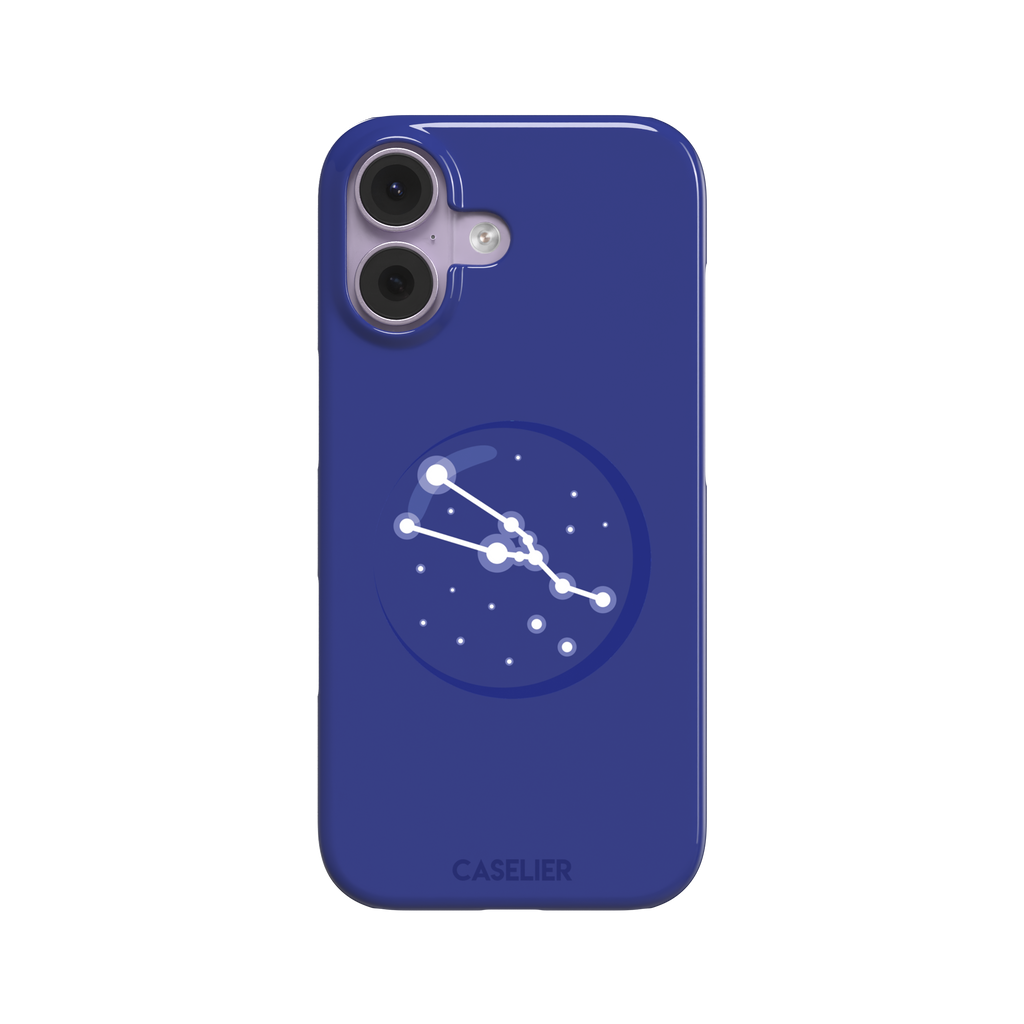 Starsigns phone case showing the Virgo constellation as a glowing white curved star map inside a blue orb on a cobalt blue case, phone case by Caselier — snap case, front view