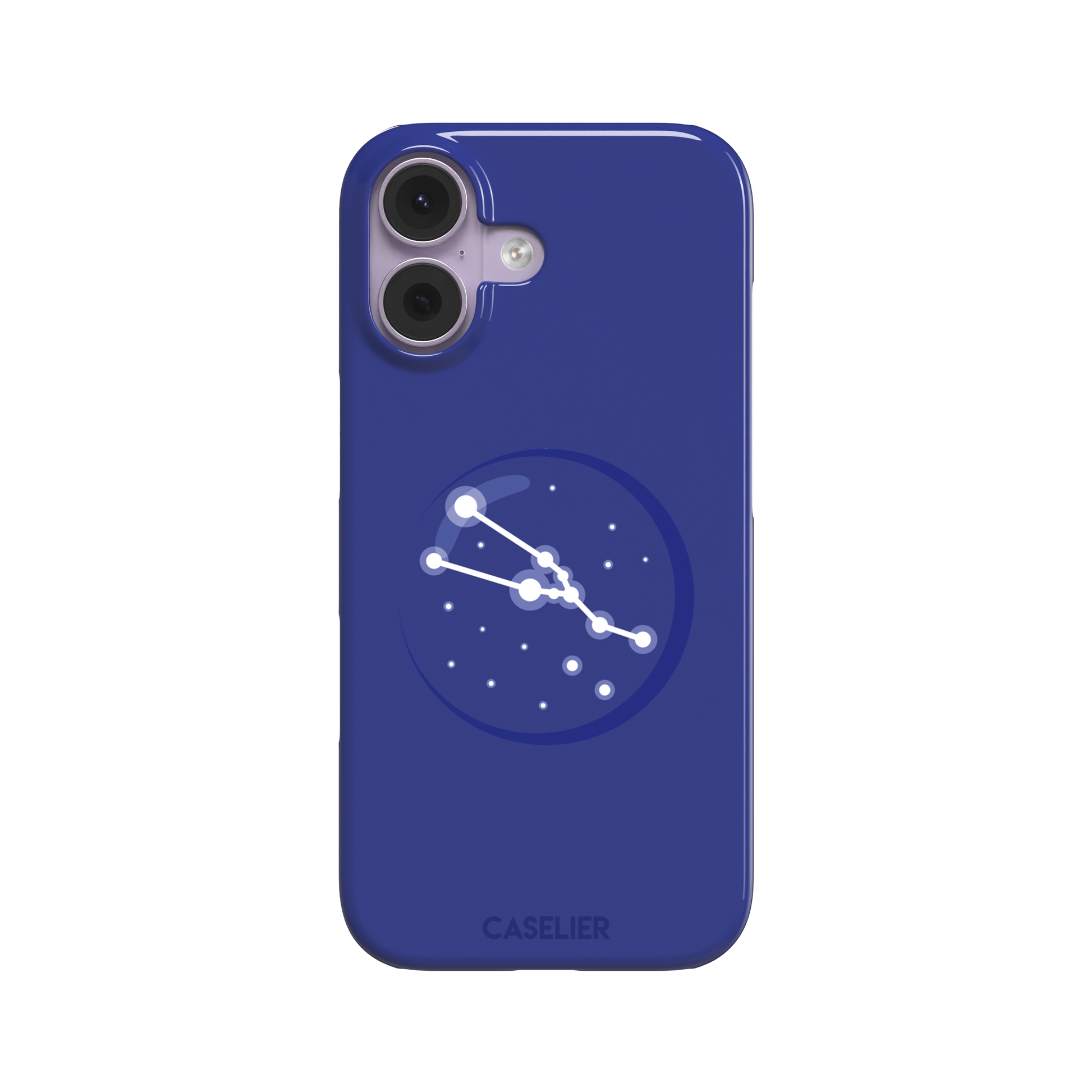 Starsigns phone case showing the Virgo constellation as a glowing white curved star map inside a blue orb on a cobalt blue case, phone case by Caselier — snap case, front view