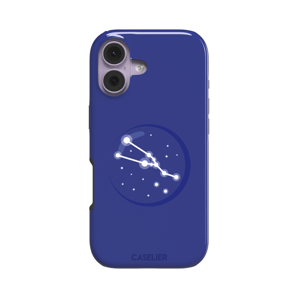 Starsigns phone case showing the Virgo constellation as a glowing white curved star map inside a blue orb on a cobalt blue case, phone case by Caselier — tough case, front view