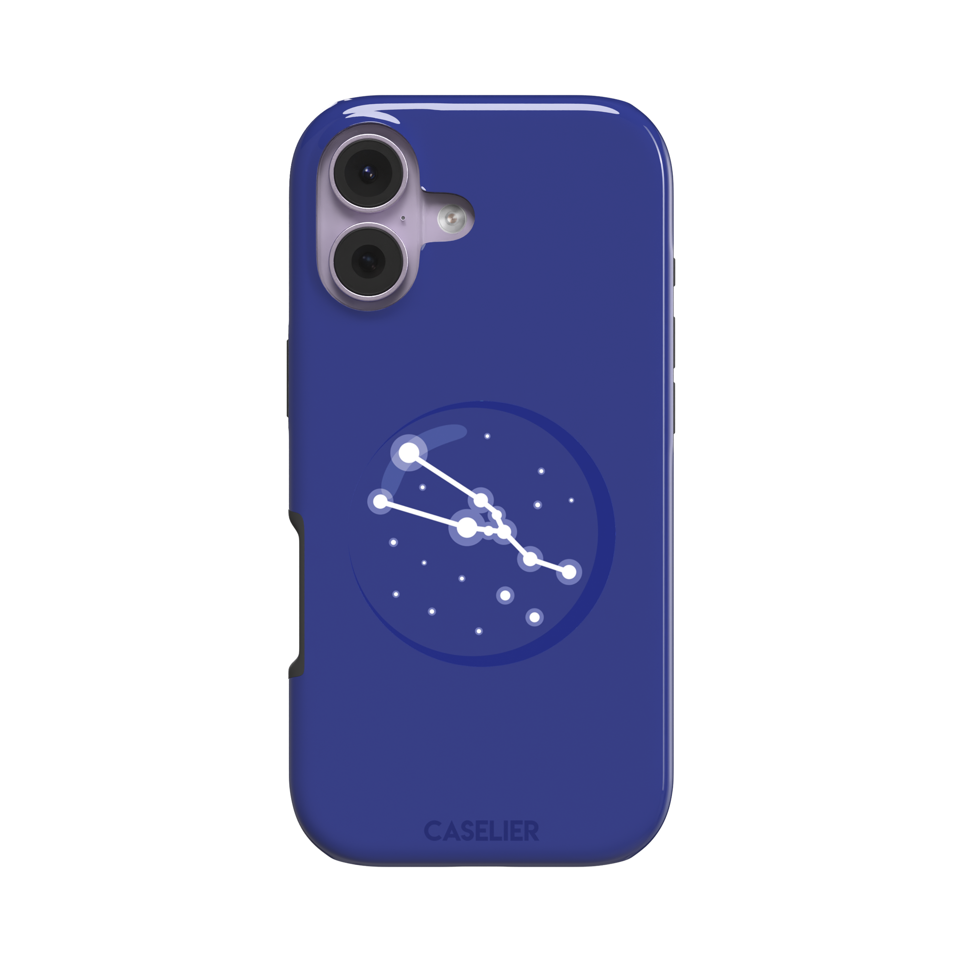 Starsigns phone case showing the Virgo constellation as a glowing white curved star map inside a blue orb on a cobalt blue case, phone case by Caselier — tough case, front view