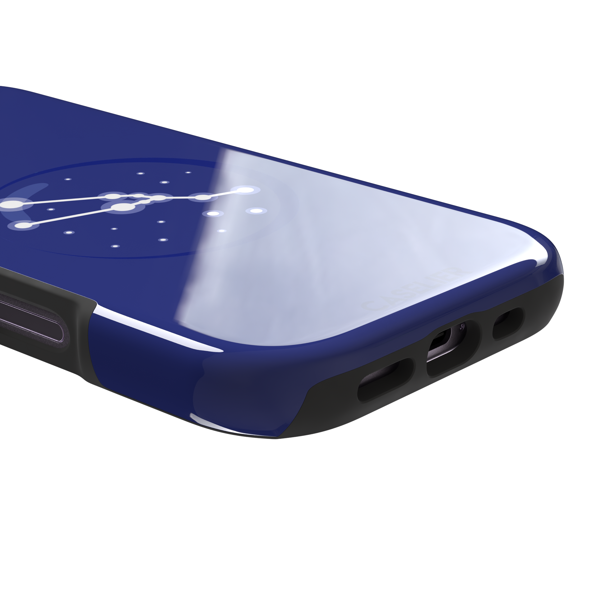 Starsigns phone case showing the Virgo constellation as a glowing white curved star map inside a blue orb on a cobalt blue case, phone case by Caselier — tough case, charging port detail