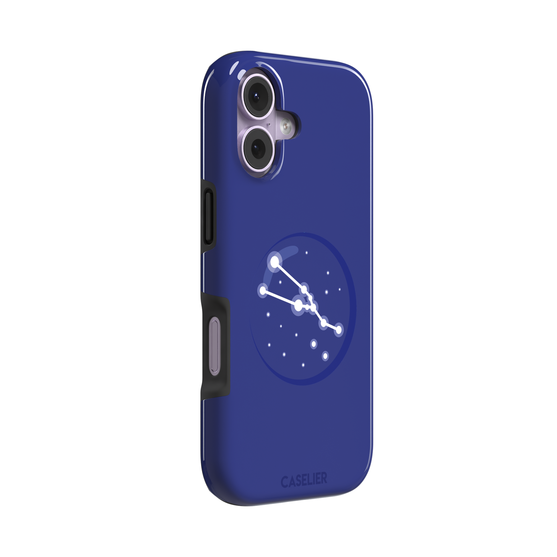 Starsigns phone case showing the Virgo constellation as a glowing white curved star map inside a blue orb on a cobalt blue case, phone case by Caselier — tough case, left view