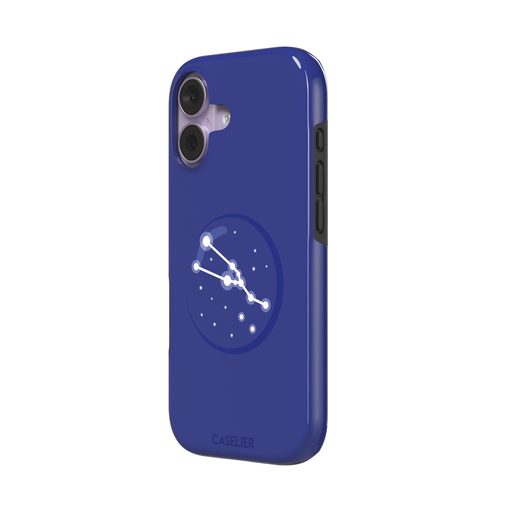 Starsigns phone case showing the Virgo constellation as a glowing white curved star map inside a blue orb on a cobalt blue case, phone case by Caselier — tough case, right view