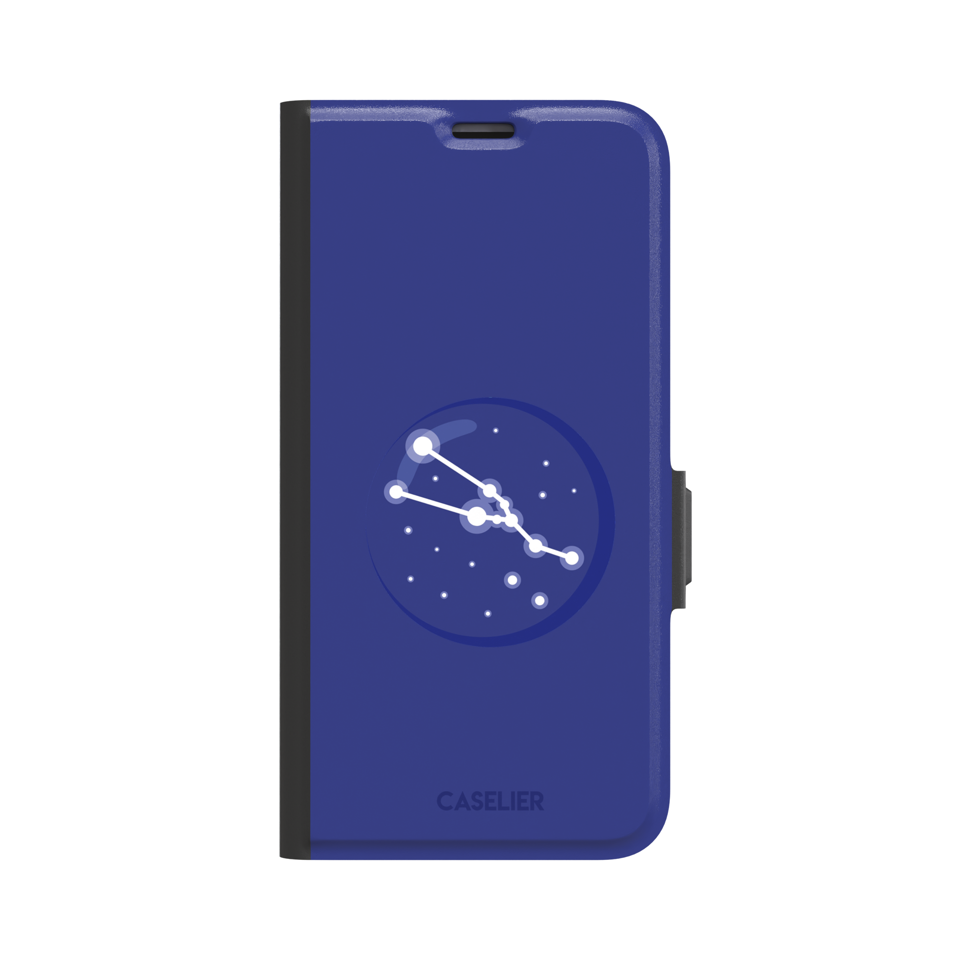 Starsigns phone case showing the Virgo constellation as a glowing white curved star map inside a blue orb on a cobalt blue case, phone case by Caselier — wallet case, front view