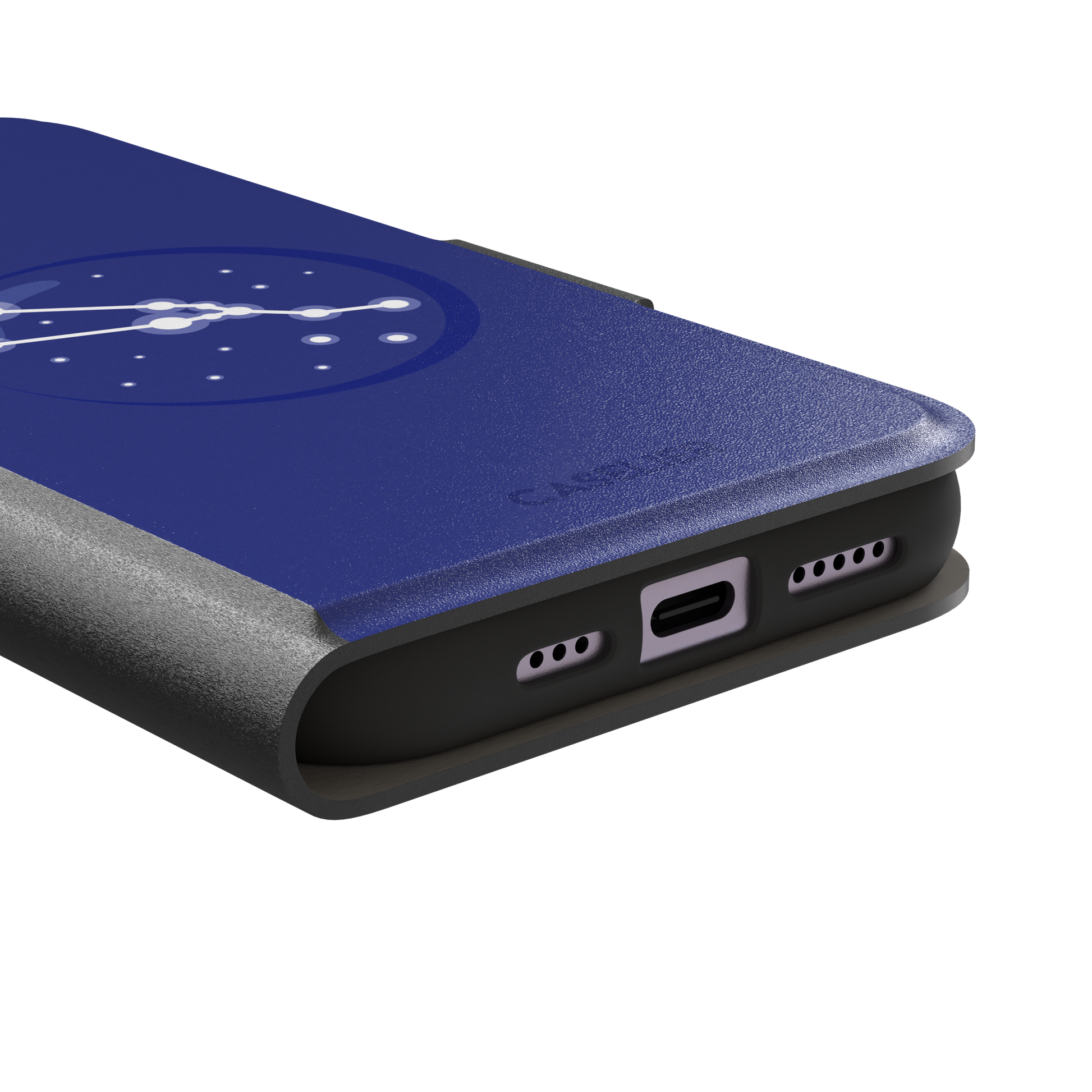 Starsigns phone case showing the Virgo constellation as a glowing white curved star map inside a blue orb on a cobalt blue case, phone case by Caselier — wallet case, charging port detail