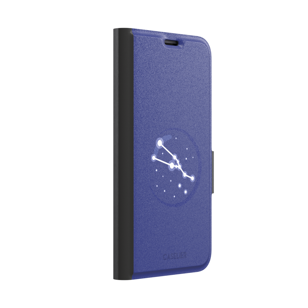 Starsigns phone case showing the Virgo constellation as a glowing white curved star map inside a blue orb on a cobalt blue case, phone case by Caselier — wallet case, left view