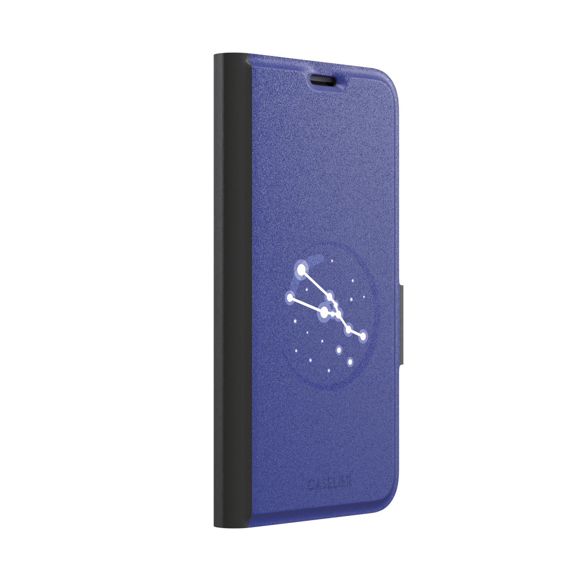 Starsigns phone case showing the Virgo constellation as a glowing white curved star map inside a blue orb on a cobalt blue case, phone case by Caselier — wallet case, left view