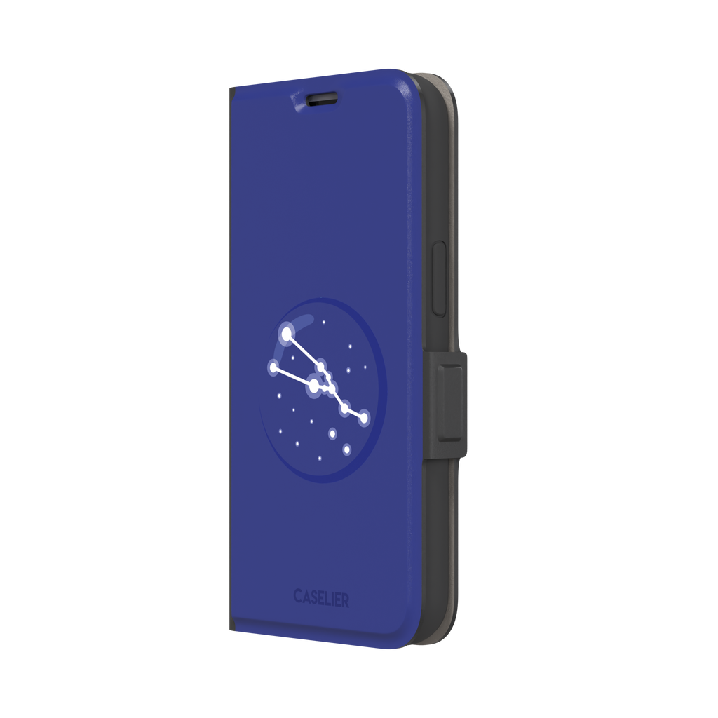 Starsigns phone case showing the Virgo constellation as a glowing white curved star map inside a blue orb on a cobalt blue case, phone case by Caselier — wallet case, right view