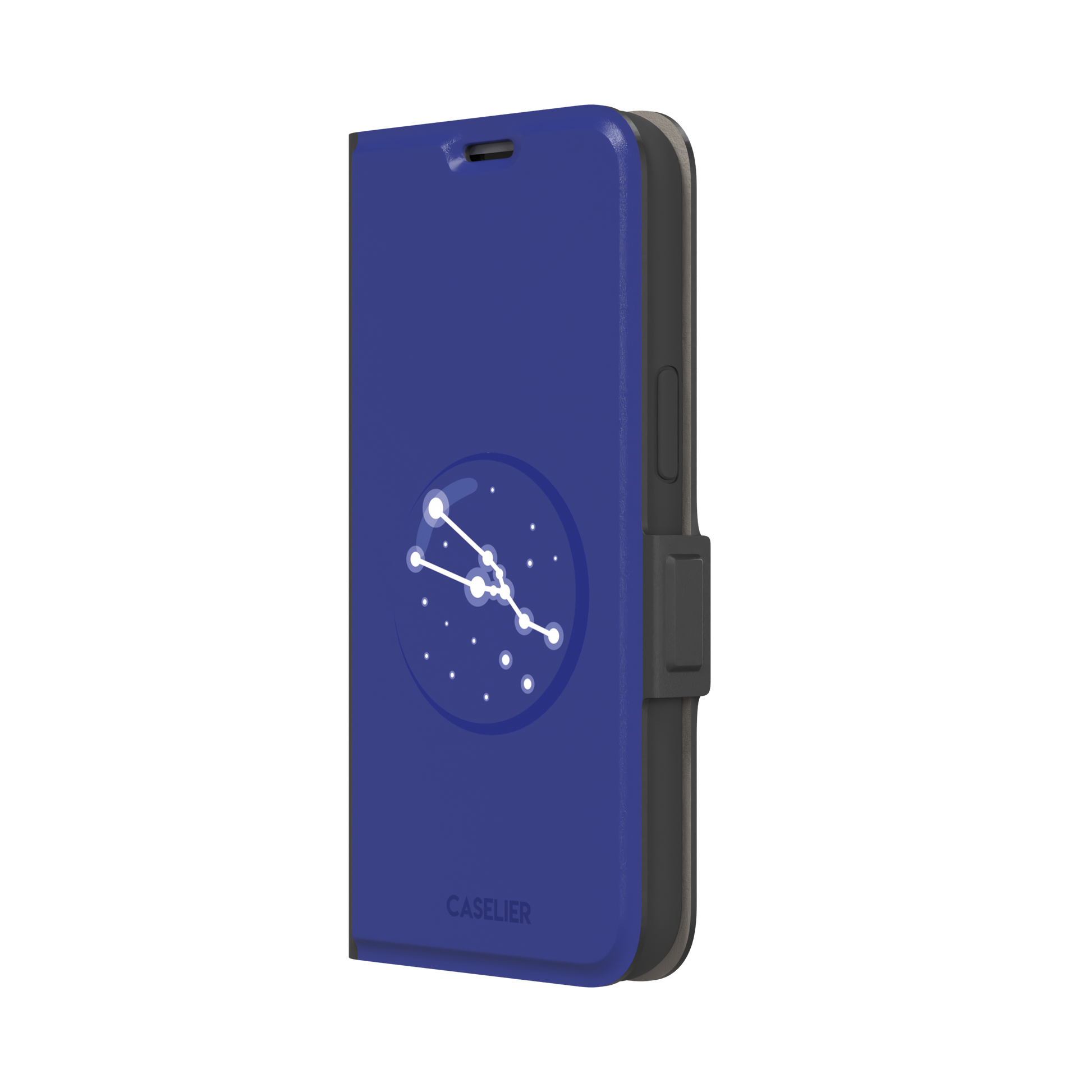 Starsigns phone case showing the Virgo constellation as a glowing white curved star map inside a blue orb on a cobalt blue case, phone case by Caselier — wallet case, right view