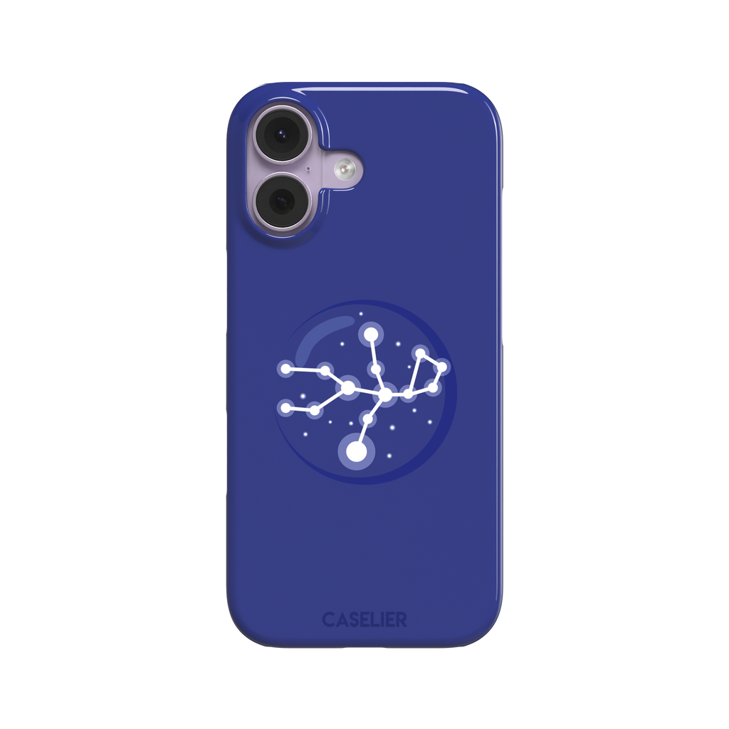 Starsigns phone case showing the Aquarius constellation as a glowing white branching star map with a large central node inside a blue orb on a cobalt blue case, phone case by Caselier — snap case, front view