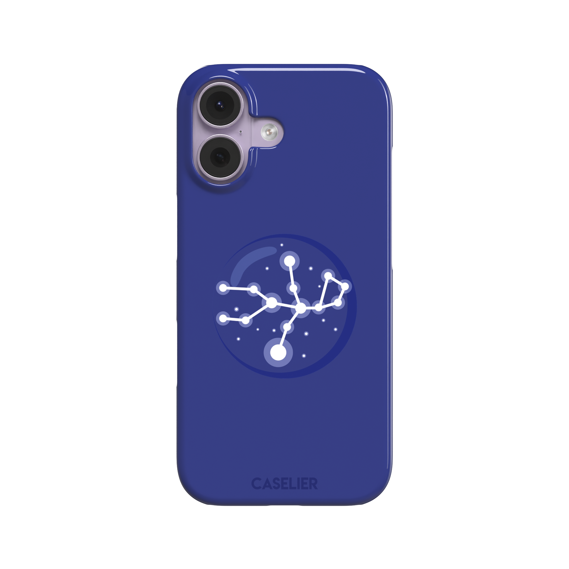 Starsigns phone case showing the Aquarius constellation as a glowing white branching star map with a large central node inside a blue orb on a cobalt blue case, phone case by Caselier — snap case, front view