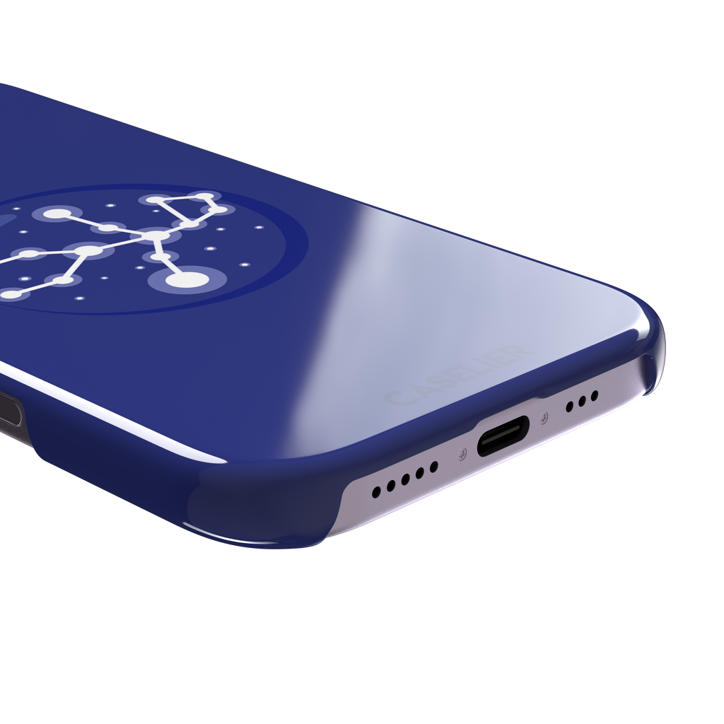 Starsigns phone case showing the Aquarius constellation as a glowing white branching star map with a large central node inside a blue orb on a cobalt blue case, phone case by Caselier — snap case, charging port detail