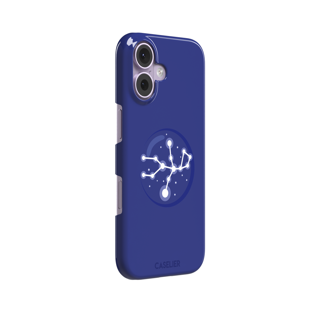 Starsigns phone case showing the Aquarius constellation as a glowing white branching star map with a large central node inside a blue orb on a cobalt blue case, phone case by Caselier — snap case, left view