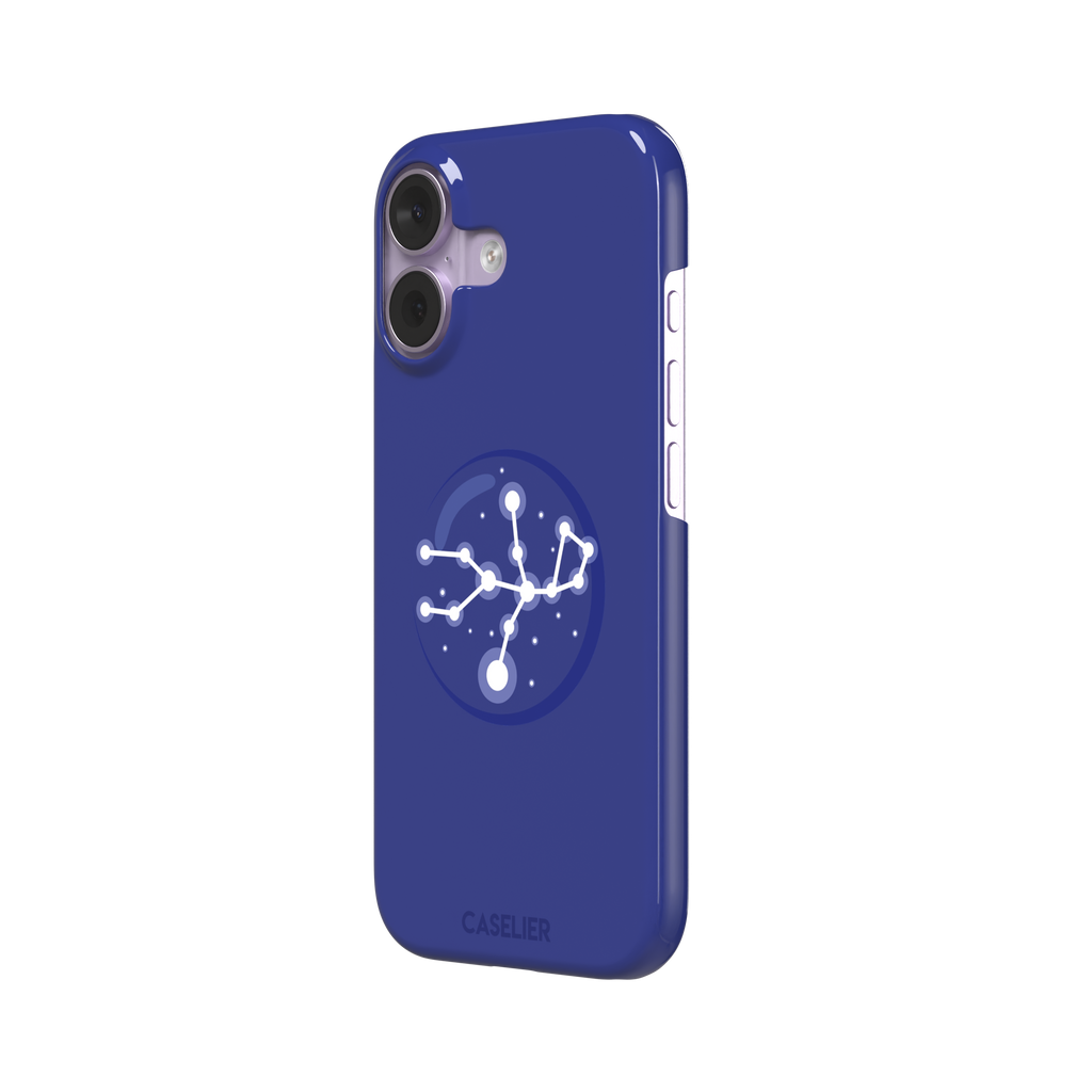 Starsigns phone case showing the Aquarius constellation as a glowing white branching star map with a large central node inside a blue orb on a cobalt blue case, phone case by Caselier — snap case, right view