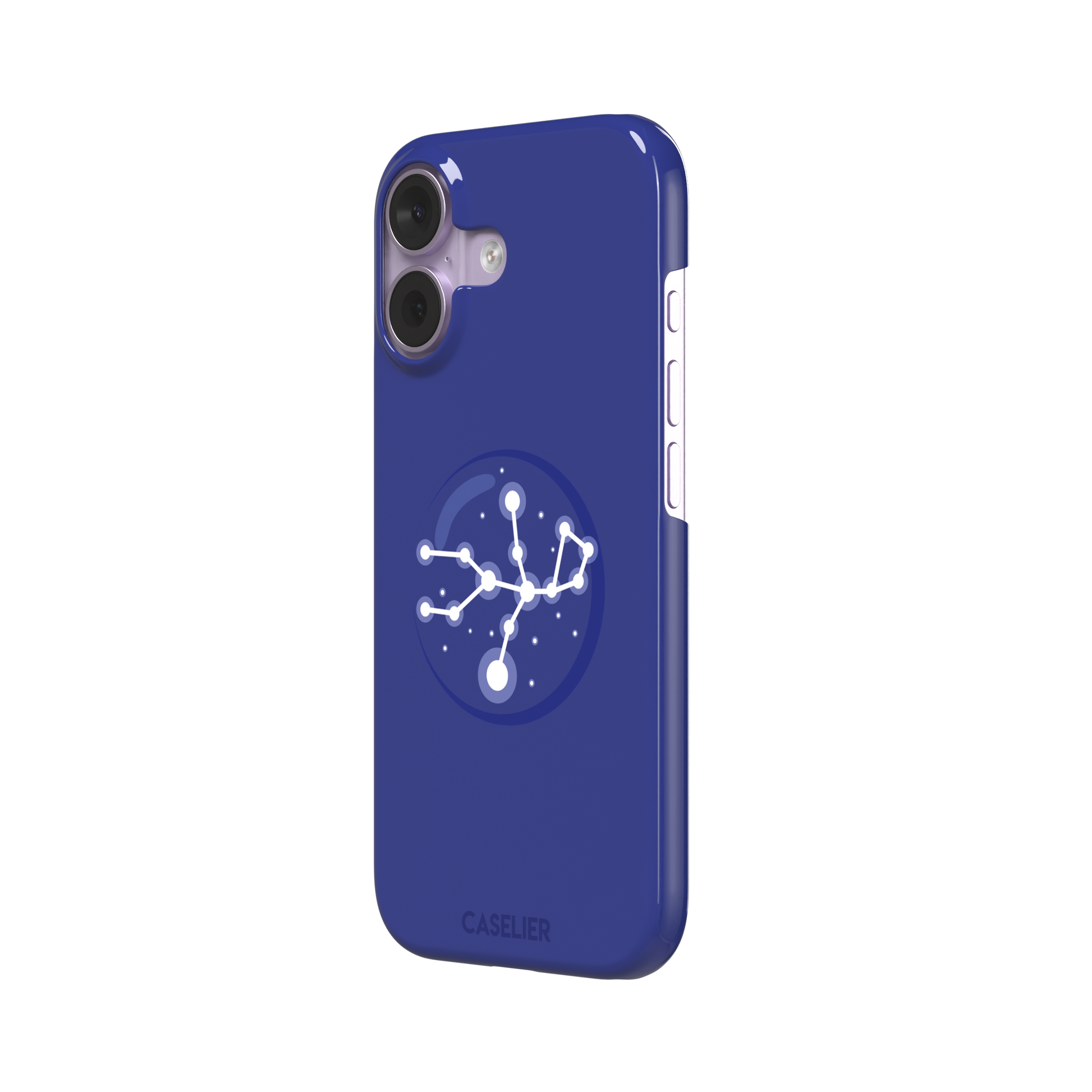 Starsigns phone case showing the Aquarius constellation as a glowing white branching star map with a large central node inside a blue orb on a cobalt blue case, phone case by Caselier — snap case, right view