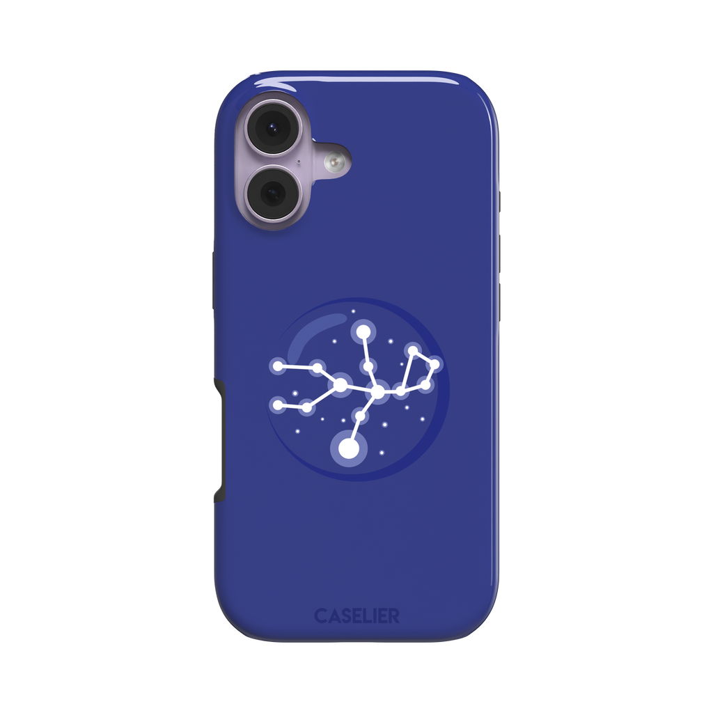 Starsigns phone case showing the Aquarius constellation as a glowing white branching star map with a large central node inside a blue orb on a cobalt blue case, phone case by Caselier — tough case, front view