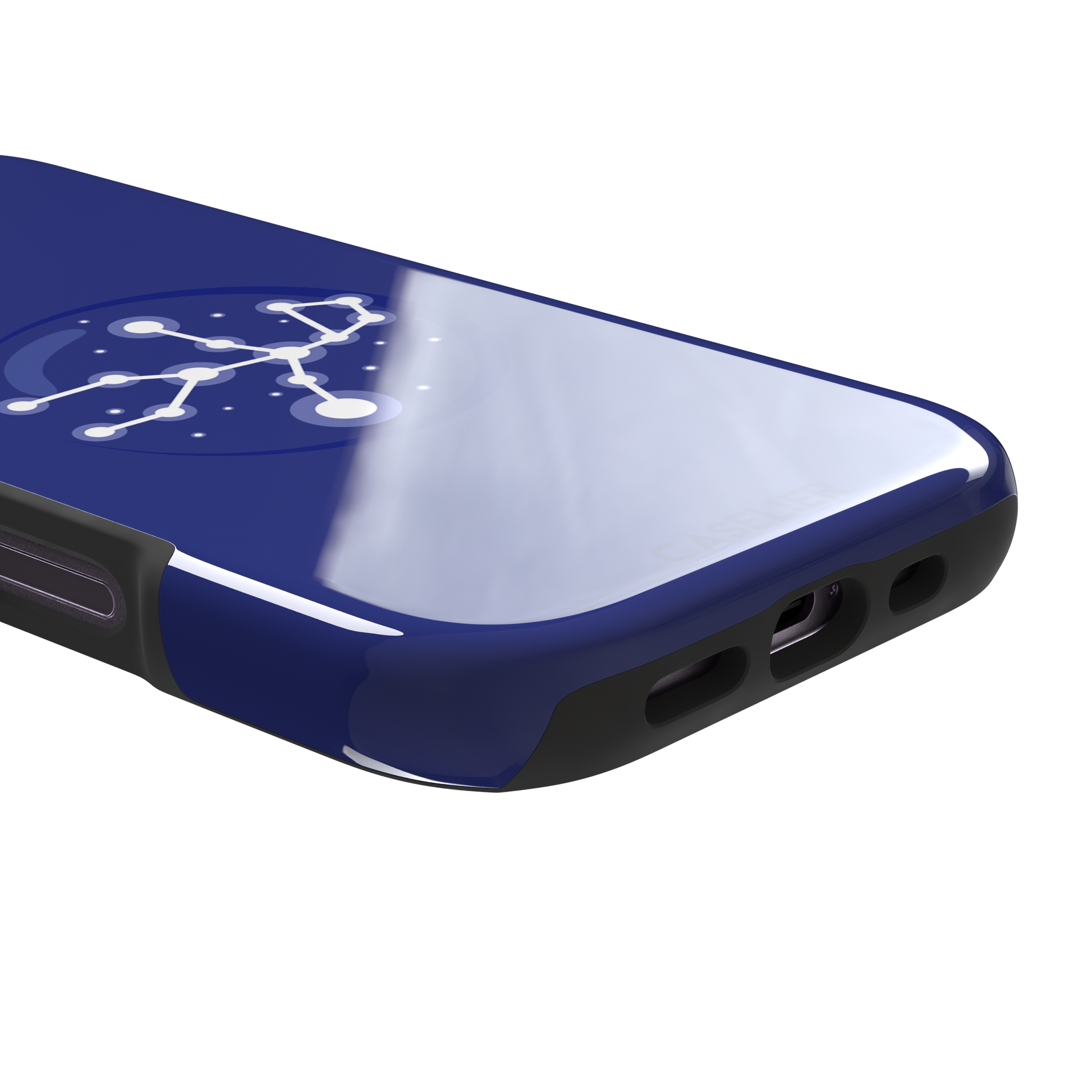 Starsigns phone case showing the Aquarius constellation as a glowing white branching star map with a large central node inside a blue orb on a cobalt blue case, phone case by Caselier — tough case, charging port detail