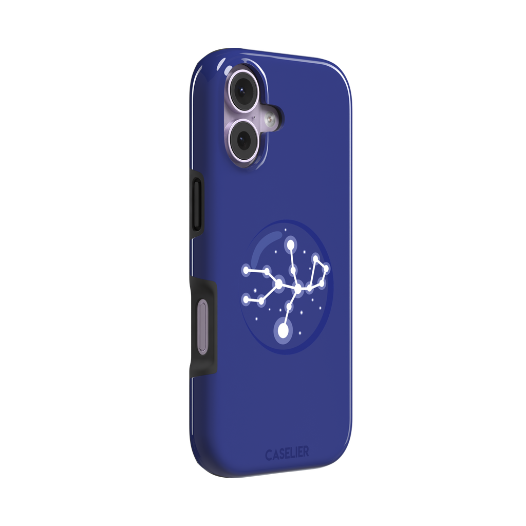 Starsigns phone case showing the Aquarius constellation as a glowing white branching star map with a large central node inside a blue orb on a cobalt blue case, phone case by Caselier — tough case, left view