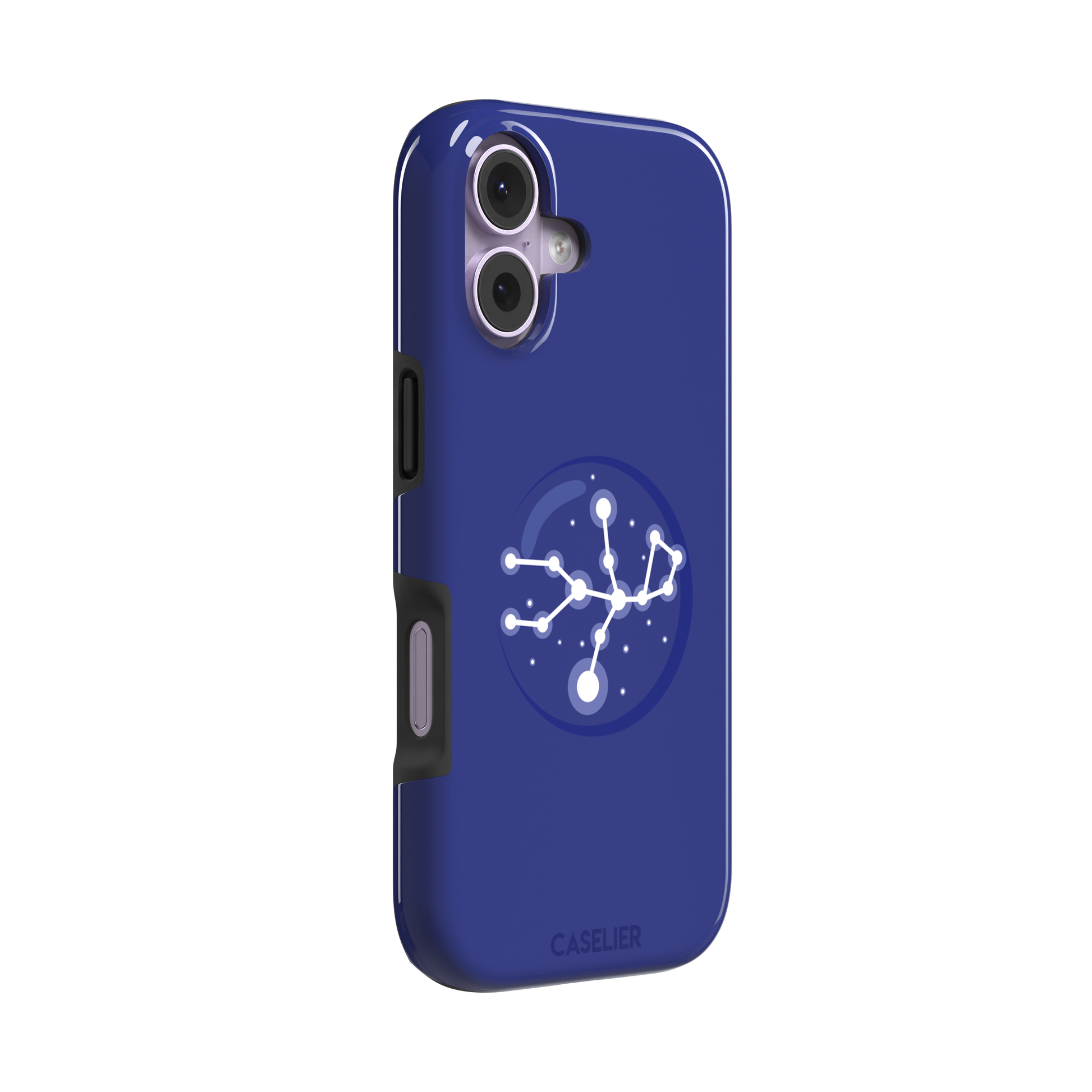Starsigns phone case showing the Aquarius constellation as a glowing white branching star map with a large central node inside a blue orb on a cobalt blue case, phone case by Caselier — tough case, left view