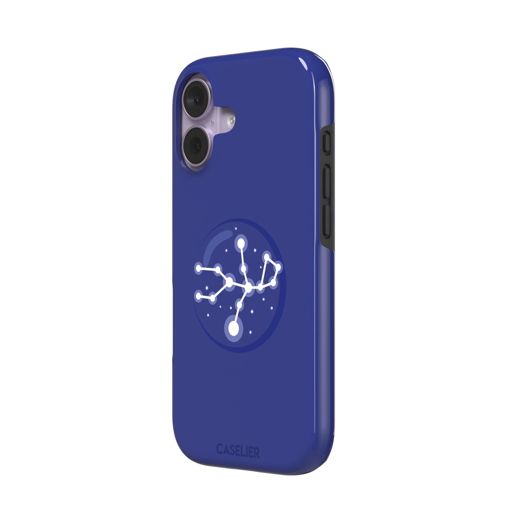 Starsigns phone case showing the Aquarius constellation as a glowing white branching star map with a large central node inside a blue orb on a cobalt blue case, phone case by Caselier — tough case, right view