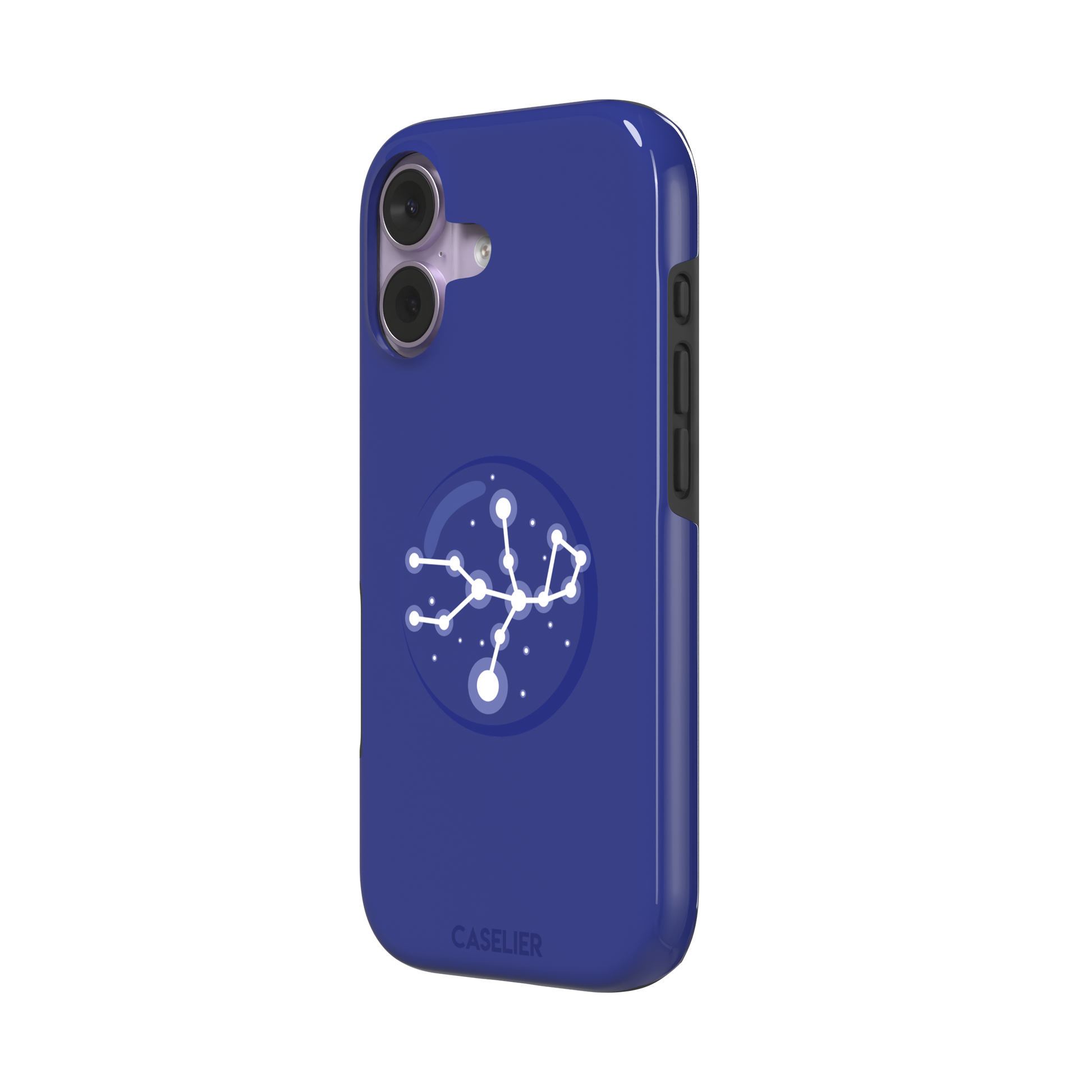 Starsigns phone case showing the Aquarius constellation as a glowing white branching star map with a large central node inside a blue orb on a cobalt blue case, phone case by Caselier — tough case, right view