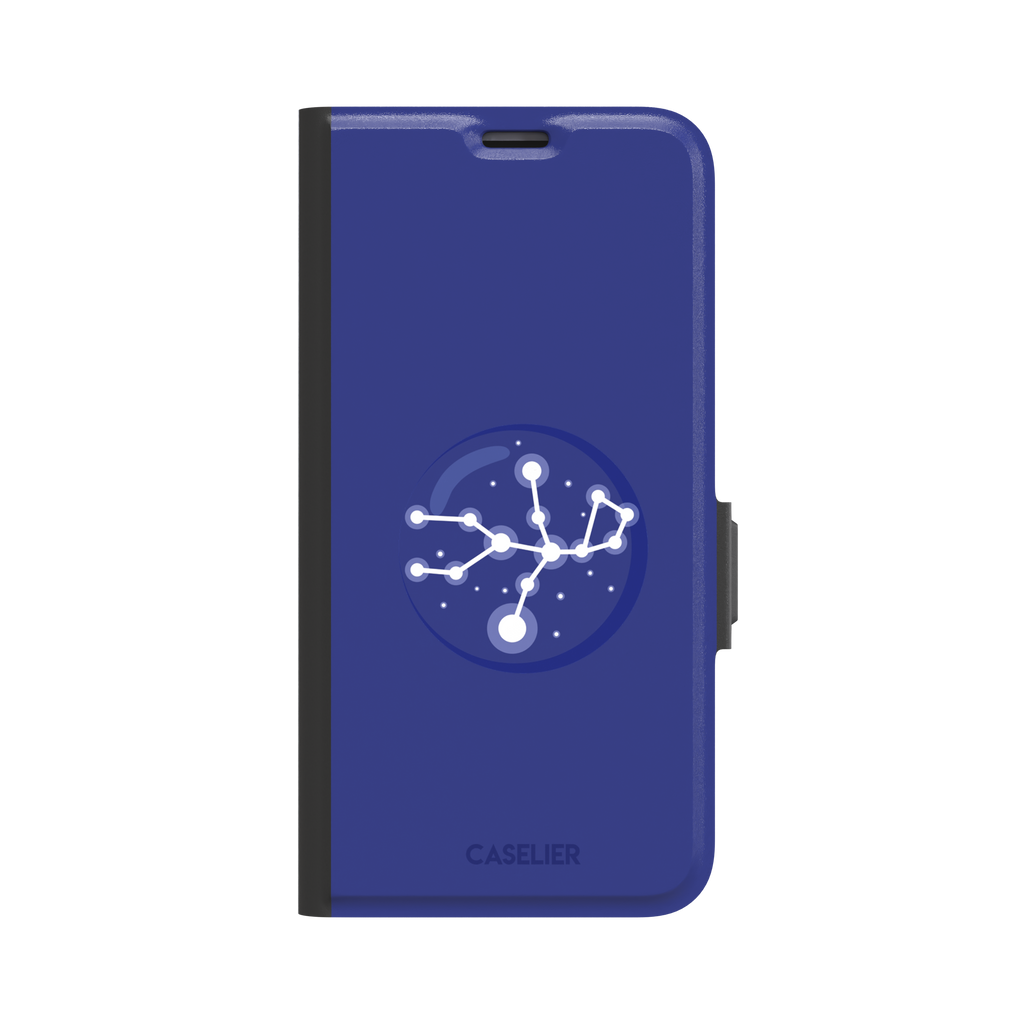 Starsigns phone case showing the Aquarius constellation as a glowing white branching star map with a large central node inside a blue orb on a cobalt blue case, phone case by Caselier — wallet case, front view