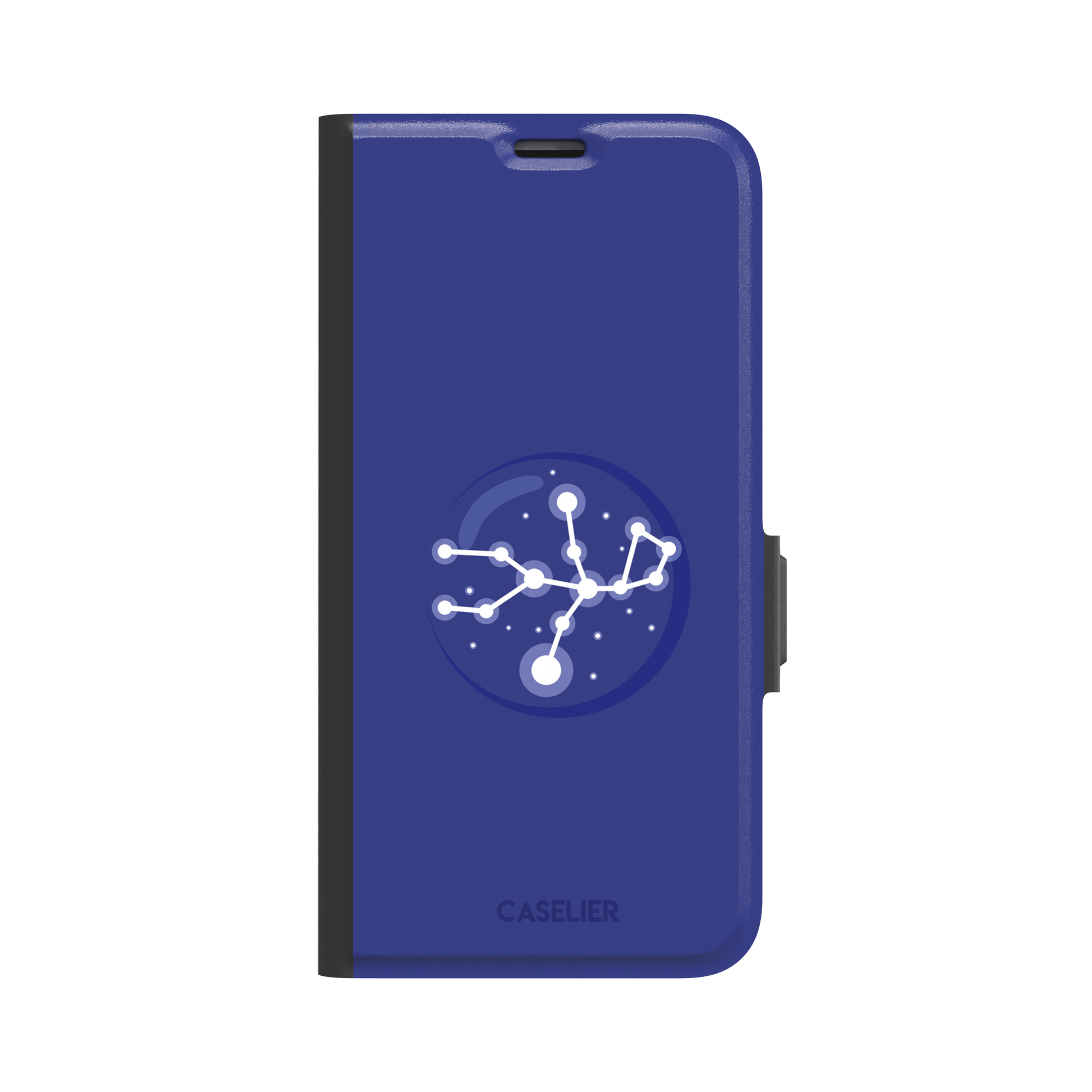Starsigns phone case showing the Aquarius constellation as a glowing white branching star map with a large central node inside a blue orb on a cobalt blue case, phone case by Caselier — wallet case, front view
