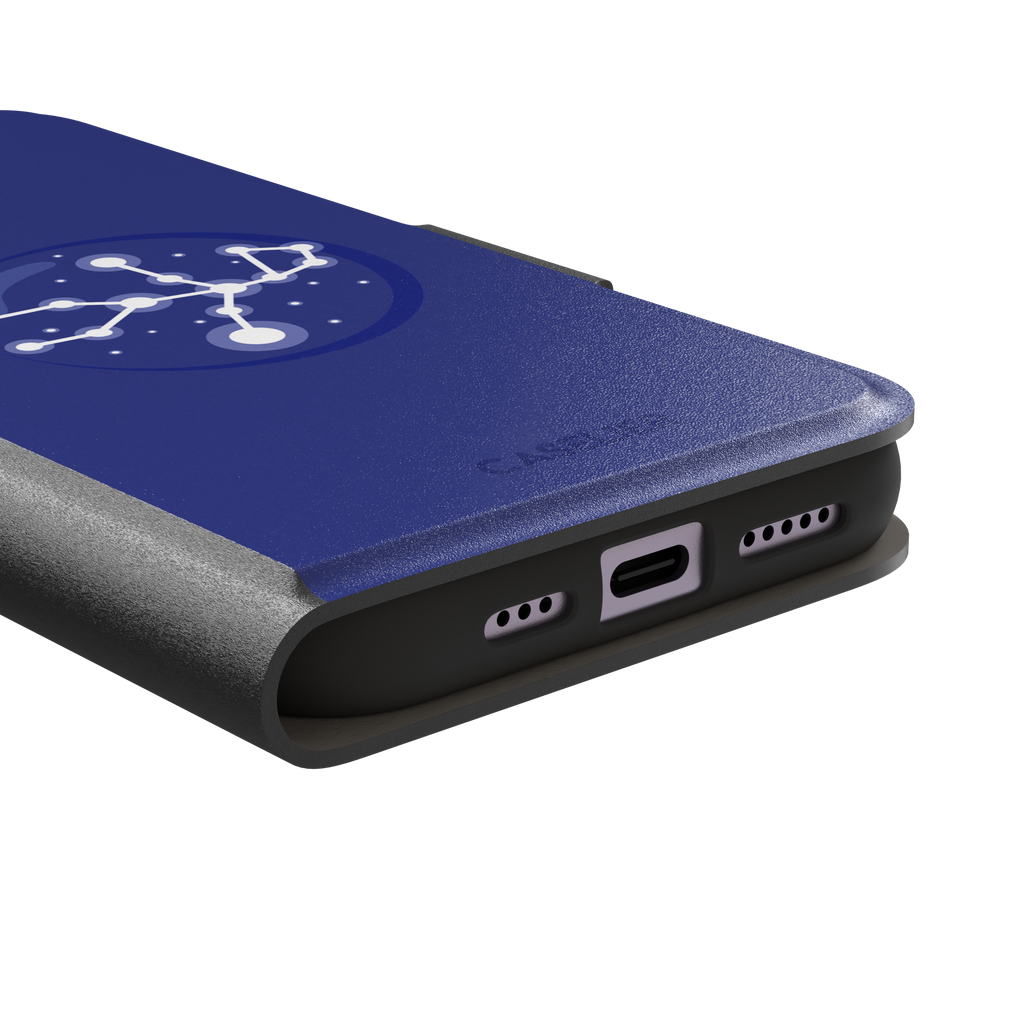 Starsigns phone case showing the Aquarius constellation as a glowing white branching star map with a large central node inside a blue orb on a cobalt blue case, phone case by Caselier — wallet case, charging port detail