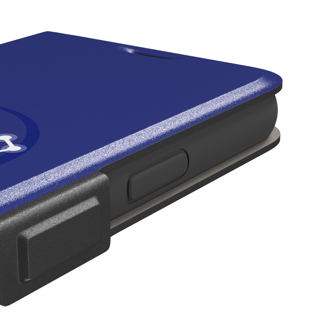 Starsigns phone case showing the Aquarius constellation as a glowing white branching star map with a large central node inside a blue orb on a cobalt blue case, phone case by Caselier — wallet case, volume buttons detail