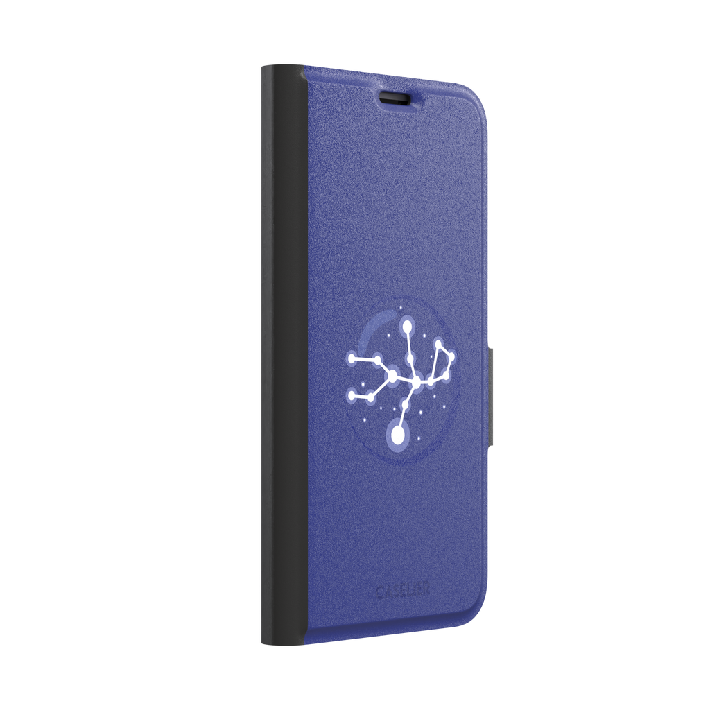 Starsigns phone case showing the Aquarius constellation as a glowing white branching star map with a large central node inside a blue orb on a cobalt blue case, phone case by Caselier — wallet case, left view