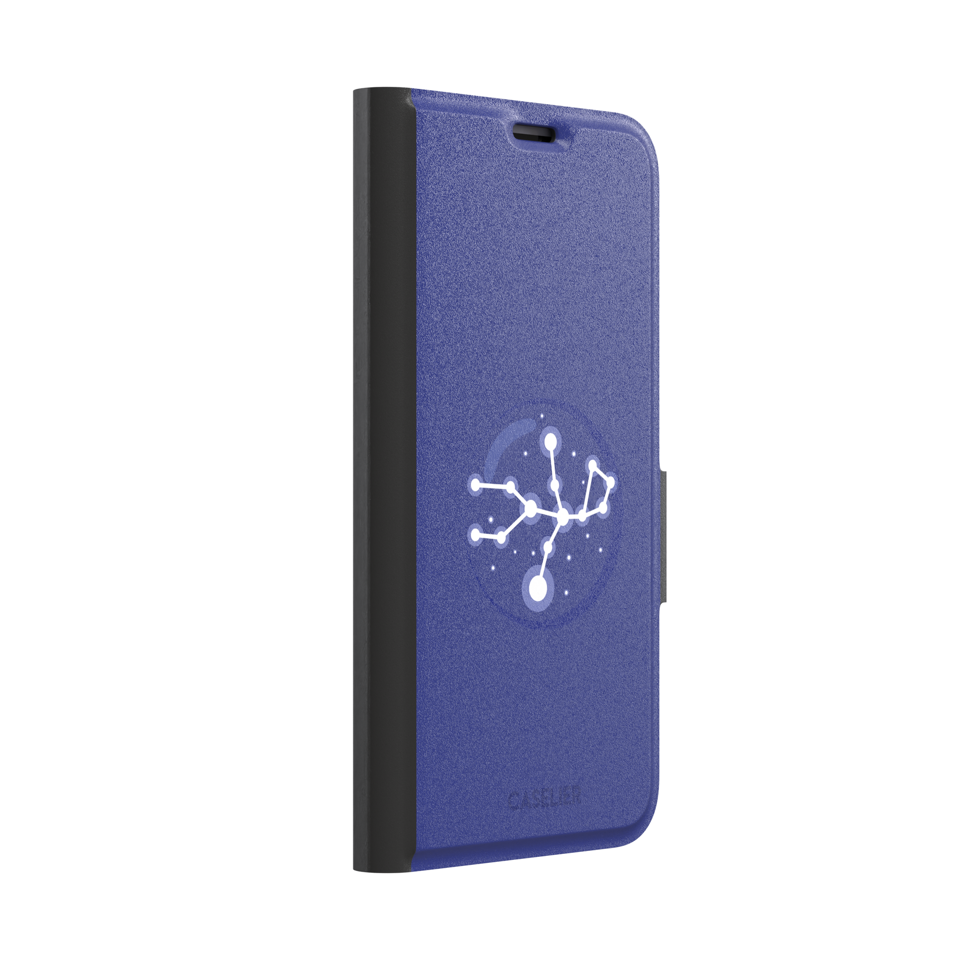 Starsigns phone case showing the Aquarius constellation as a glowing white branching star map with a large central node inside a blue orb on a cobalt blue case, phone case by Caselier — wallet case, left view