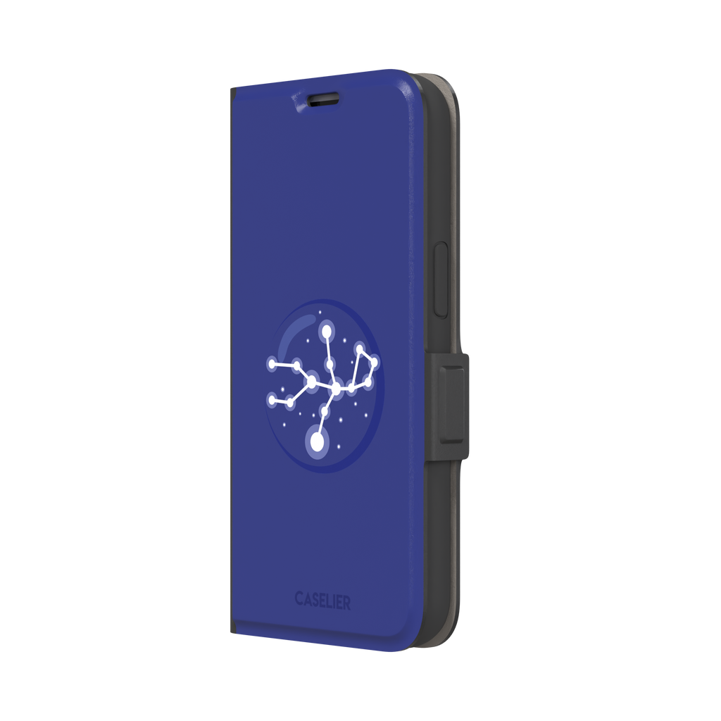 Starsigns phone case showing the Aquarius constellation as a glowing white branching star map with a large central node inside a blue orb on a cobalt blue case, phone case by Caselier — wallet case, right view